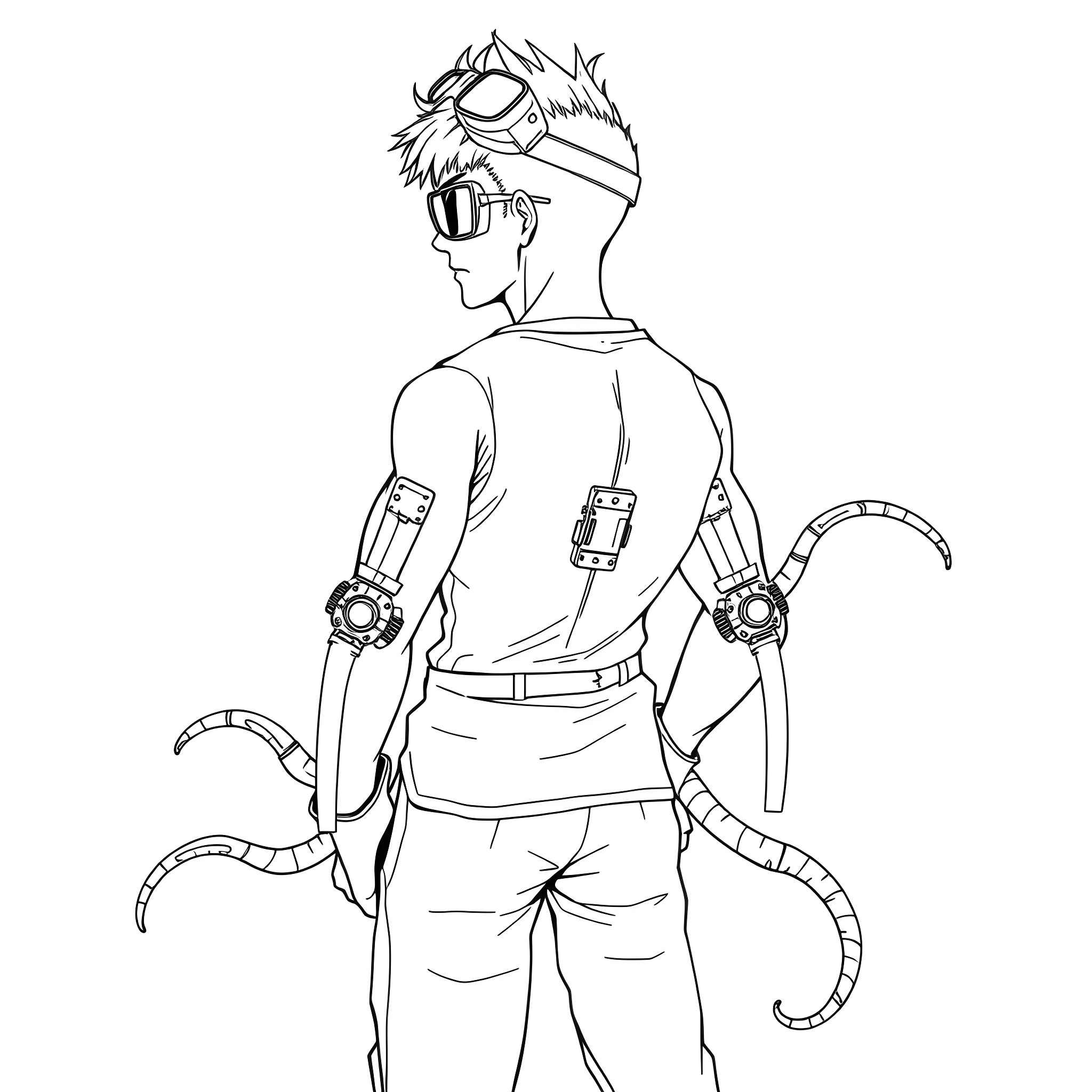 Man with futuristic robotic arms and goggles Coloring Page (free black-and-white line drawing printable PDF for all, from beginners to advanced learners, including children, teens, adults, and seniors)