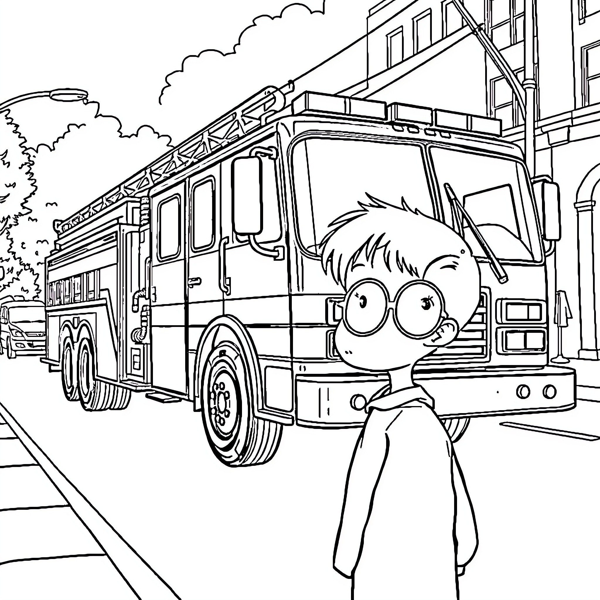 Firetruck Rushing to Emergency with Curious Onlooker Coloring Page (free black-and-white line drawing printable PDF for all, from beginners to advanced learners, including children, teens, adults, and seniors)