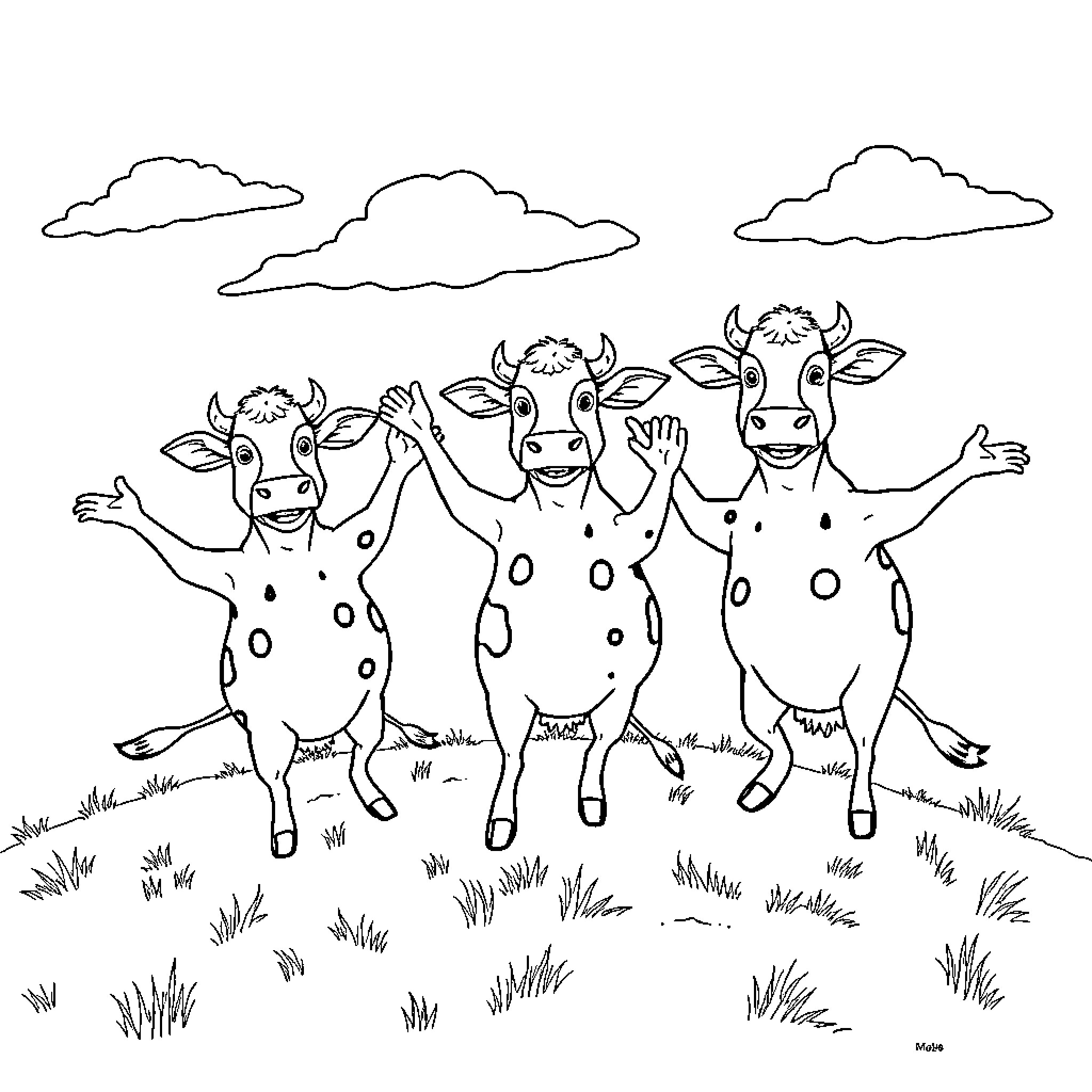 Cow Friends Joyfully Dancing in a Field Coloring Page (free black-and-white line drawing printable PDF for all, from beginners to advanced learners, including children, teens, adults, and seniors)