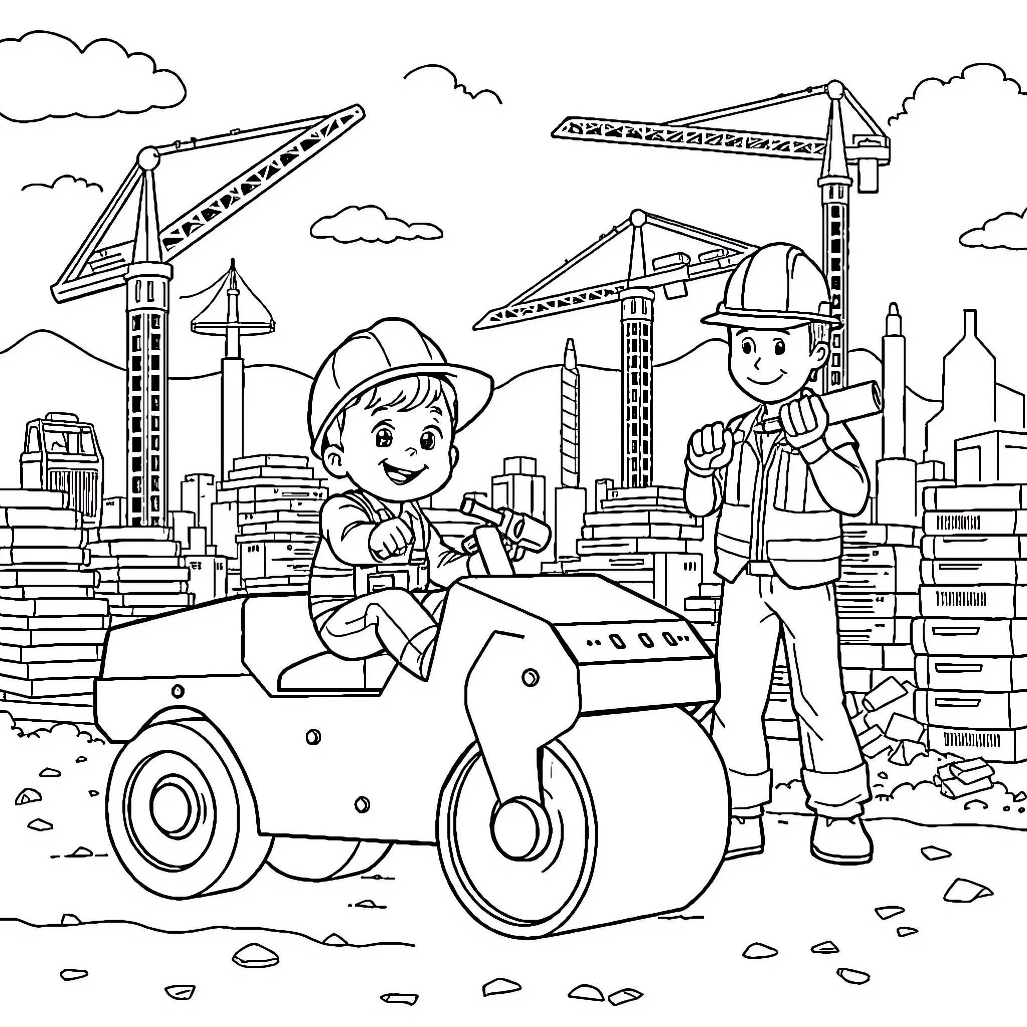 Construction Worker Enjoys Smooth Ride on Site Coloring Page (free black-and-white line drawing printable PDF for all, from beginners to advanced learners, including children, teens, adults, and seniors)