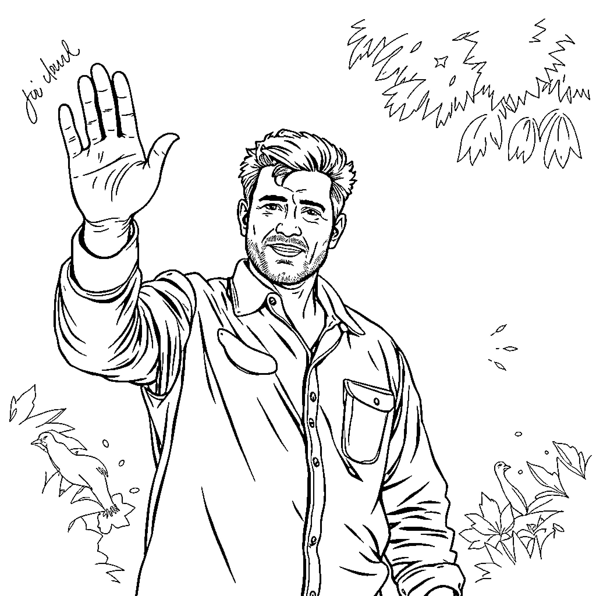 Hombre waving hand in friendly gesture amid nature Coloring Page (free black-and-white line drawing printable PDF for all, from beginners to advanced learners, including children, teens, adults, and seniors)