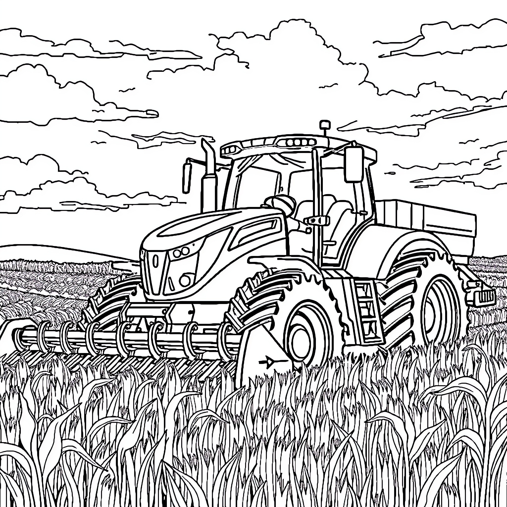 Tractor working diligently in the field Coloring Page (free black-and-white line drawing printable PDF for all, from beginners to advanced learners, including children, teens, adults, and seniors)