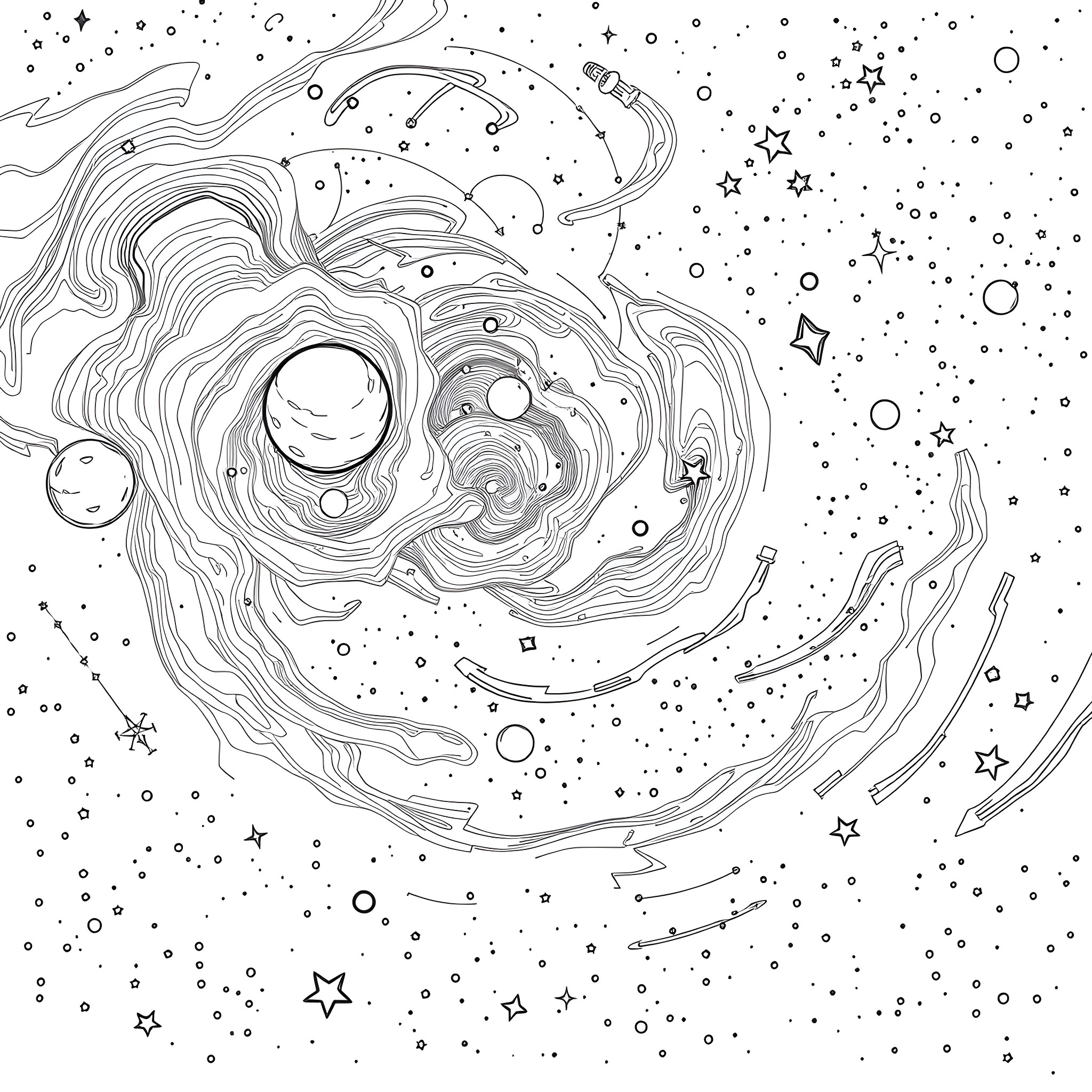 Planet with Cosmic Swirls and Stars Coloring Page (free black-and-white line drawing printable PDF for all, from beginners to advanced learners, including children, teens, adults, and seniors)