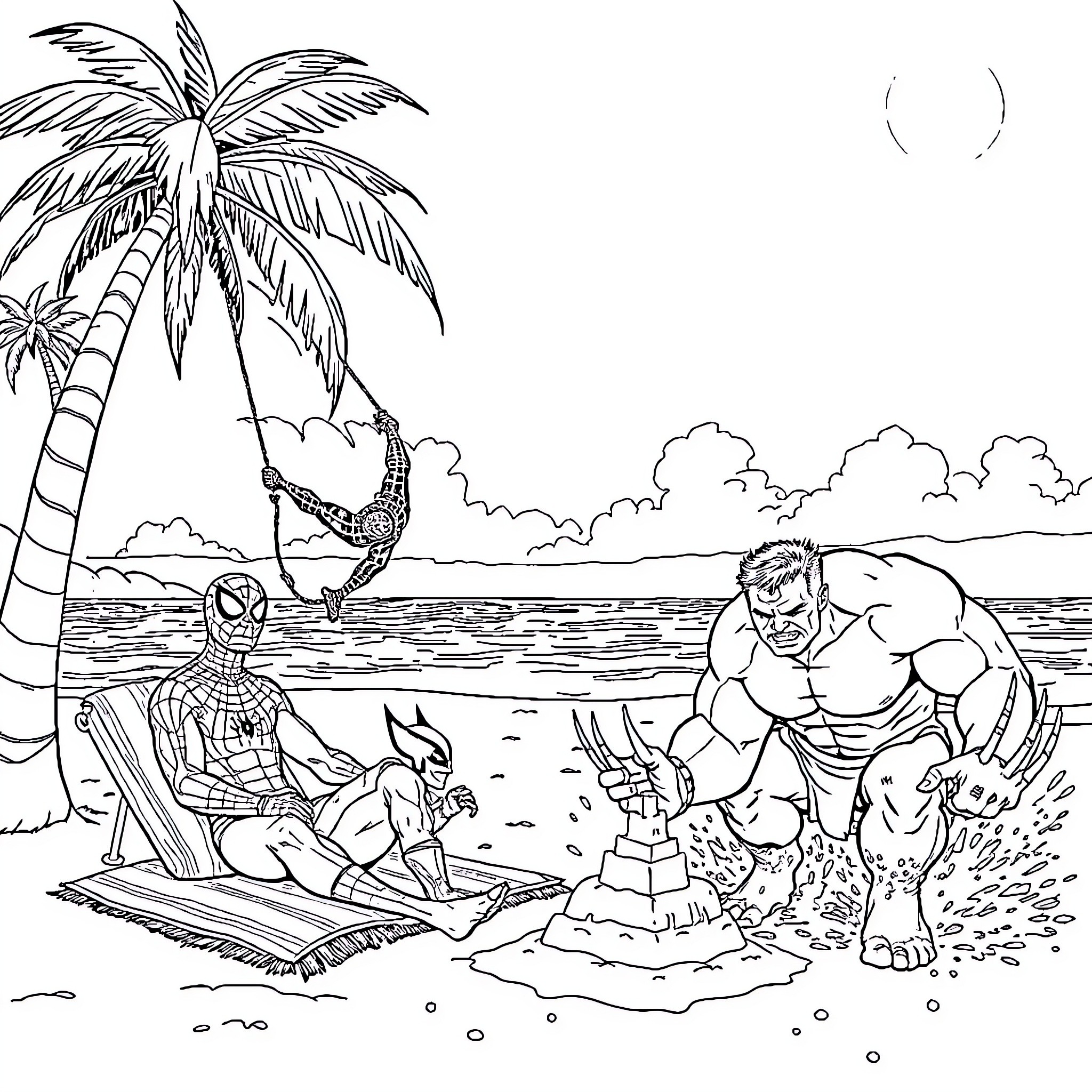Superheroes enjoying a day at the beach Coloring Page (free black-and-white line drawing printable PDF for all, from beginners to advanced learners, including children, teens, adults, and seniors)