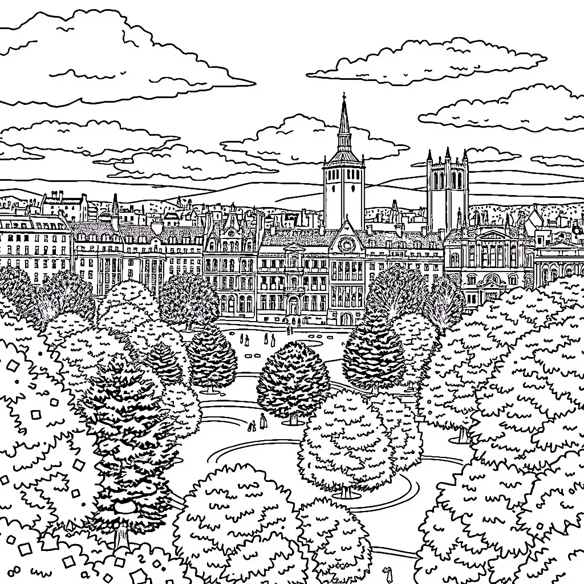 City skyline with towering buildings and lush greenery Coloring Page (free black-and-white line drawing printable PDF for all, from beginners to advanced learners, including children, teens, adults, and seniors)