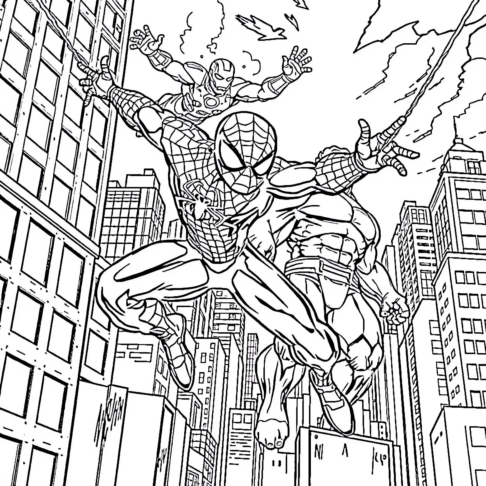 Spiderman swinging through the city with Iron Man Coloring Page (free black-and-white line drawing printable PDF for all, from beginners to advanced learners, including children, teens, adults, and seniors)