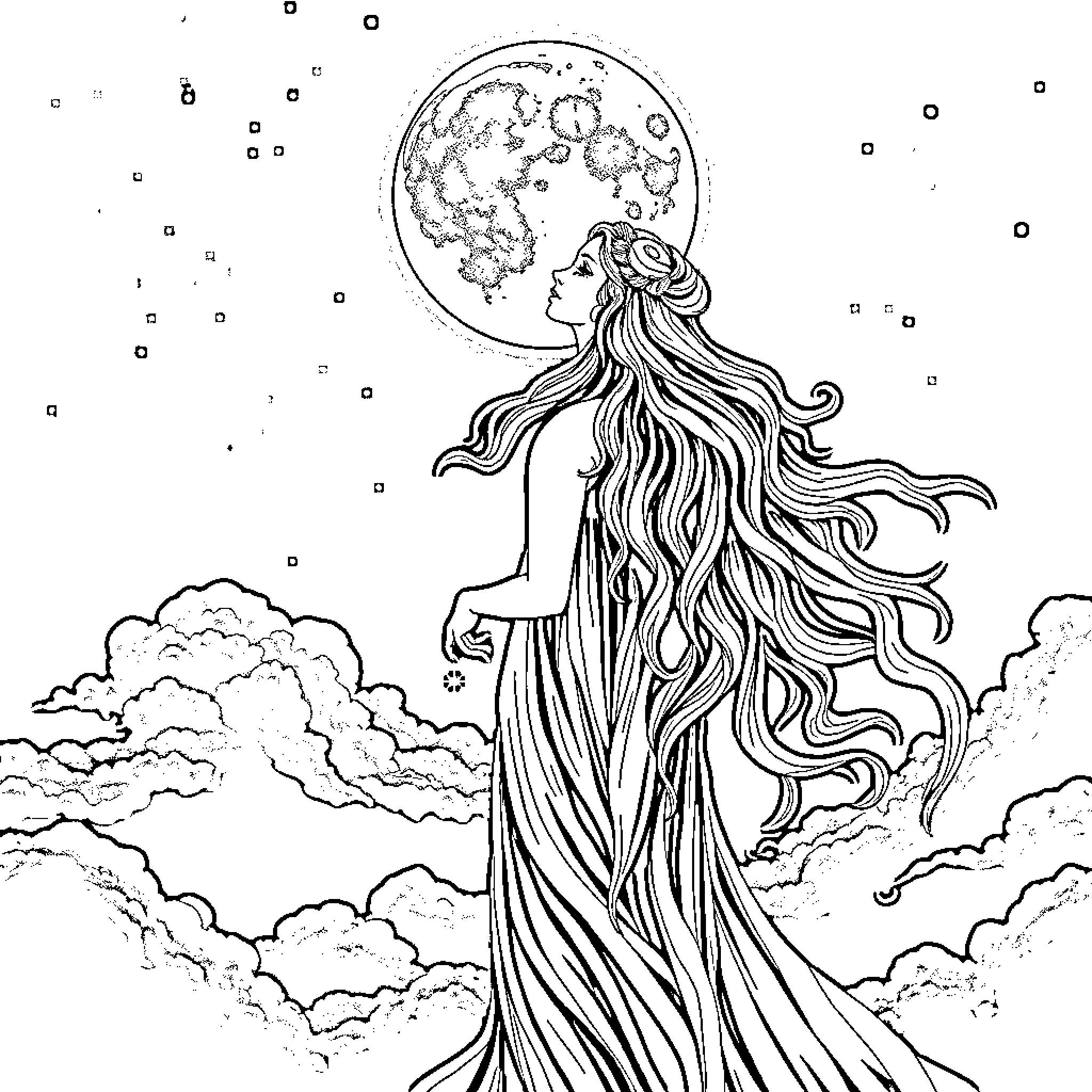 Moon Goddess gazing at the celestial night sky Coloring Page (free black-and-white line drawing printable PDF for all, from beginners to advanced learners, including children, teens, adults, and seniors)
