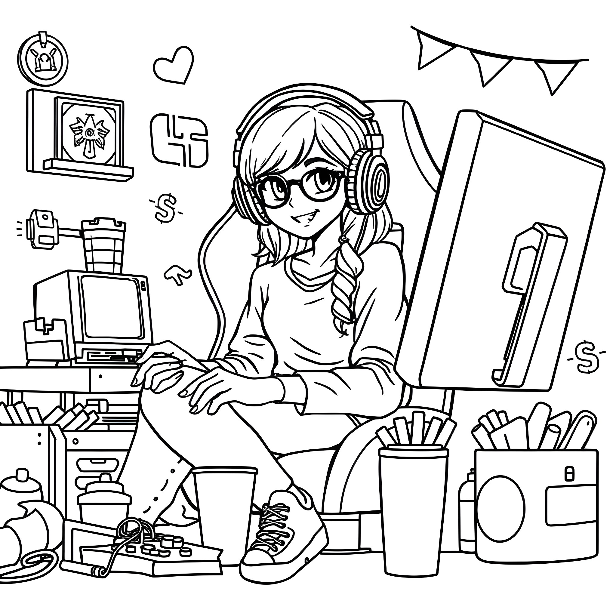 Gamer Girl Enjoying Her Passion in a Cozy Gaming Setup Coloring Page (free black-and-white line drawing printable PDF for all, from beginners to advanced learners, including children, teens, adults, and seniors)