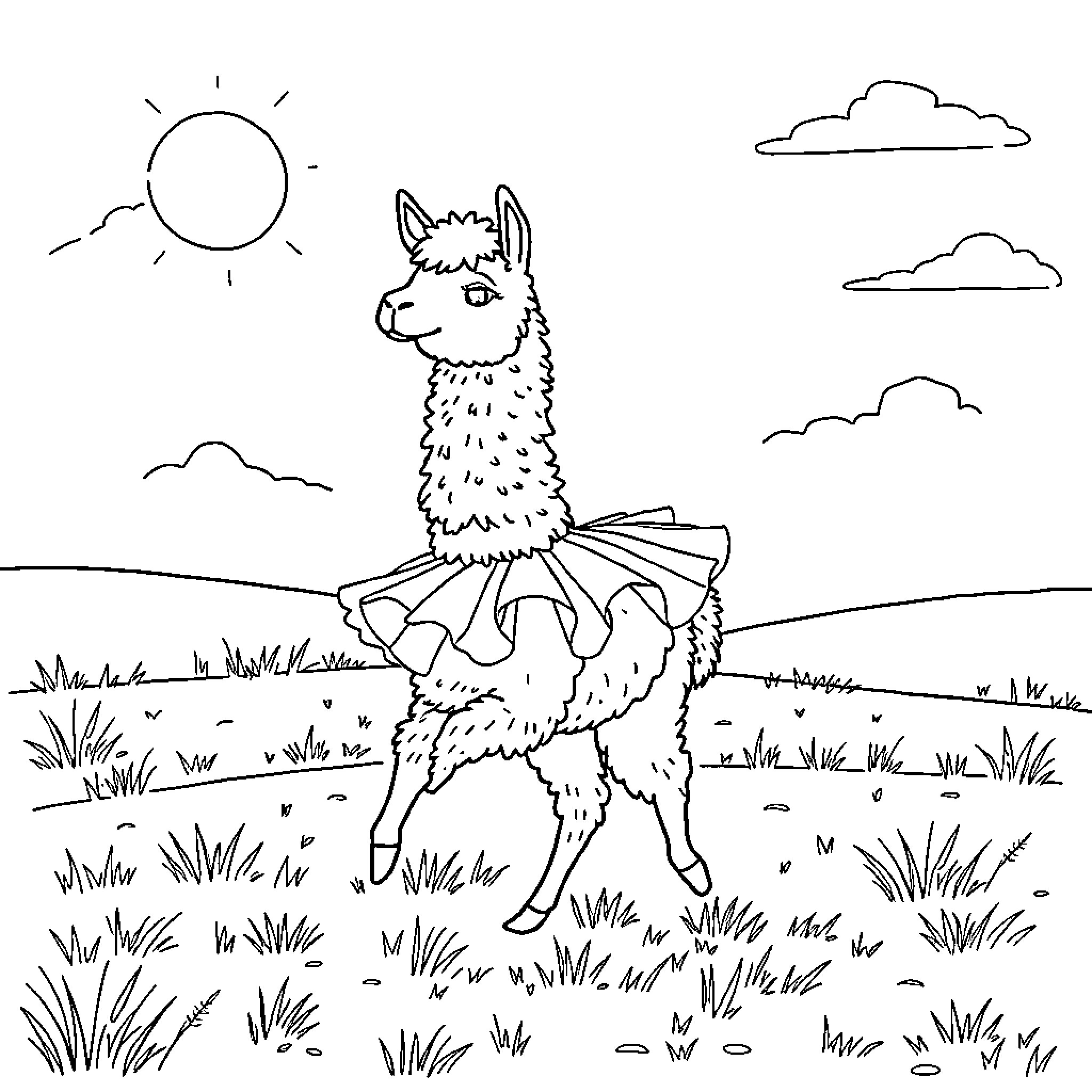 Llama frolicking in a sunny meadow Coloring Page (free black-and-white line drawing printable PDF for all, from beginners to advanced learners, including children, teens, adults, and seniors)