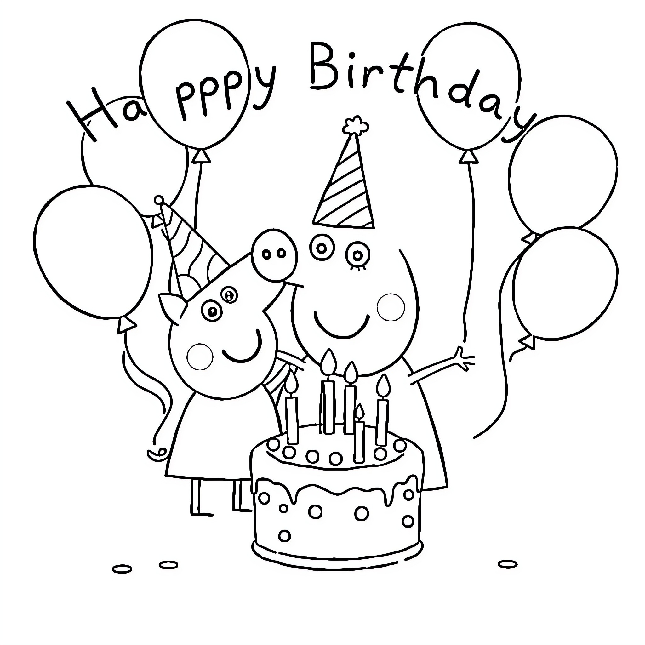 Peppa Pig Celebrates a Happy Birthday Coloring Page (free black-and-white line drawing printable PDF for all, from beginners to advanced learners, including children, teens, adults, and seniors)