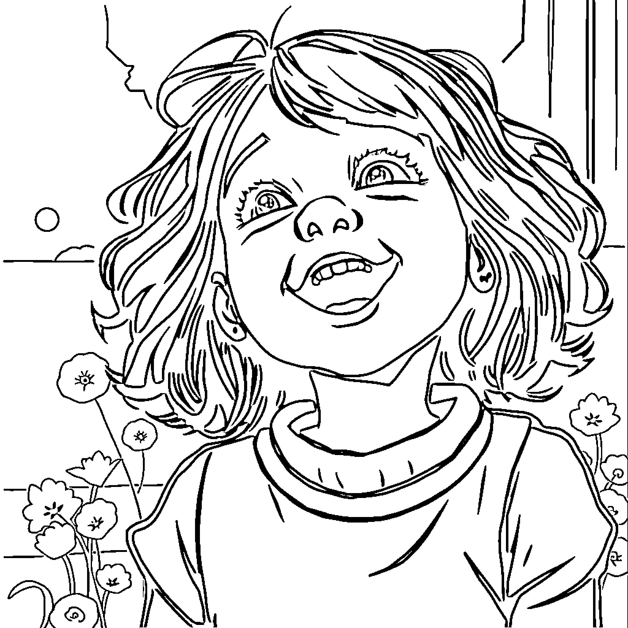 Girls laughing joyfully in a flowery field Coloring Page (free black-and-white line drawing printable PDF for all, from beginners to advanced learners, including children, teens, adults, and seniors)