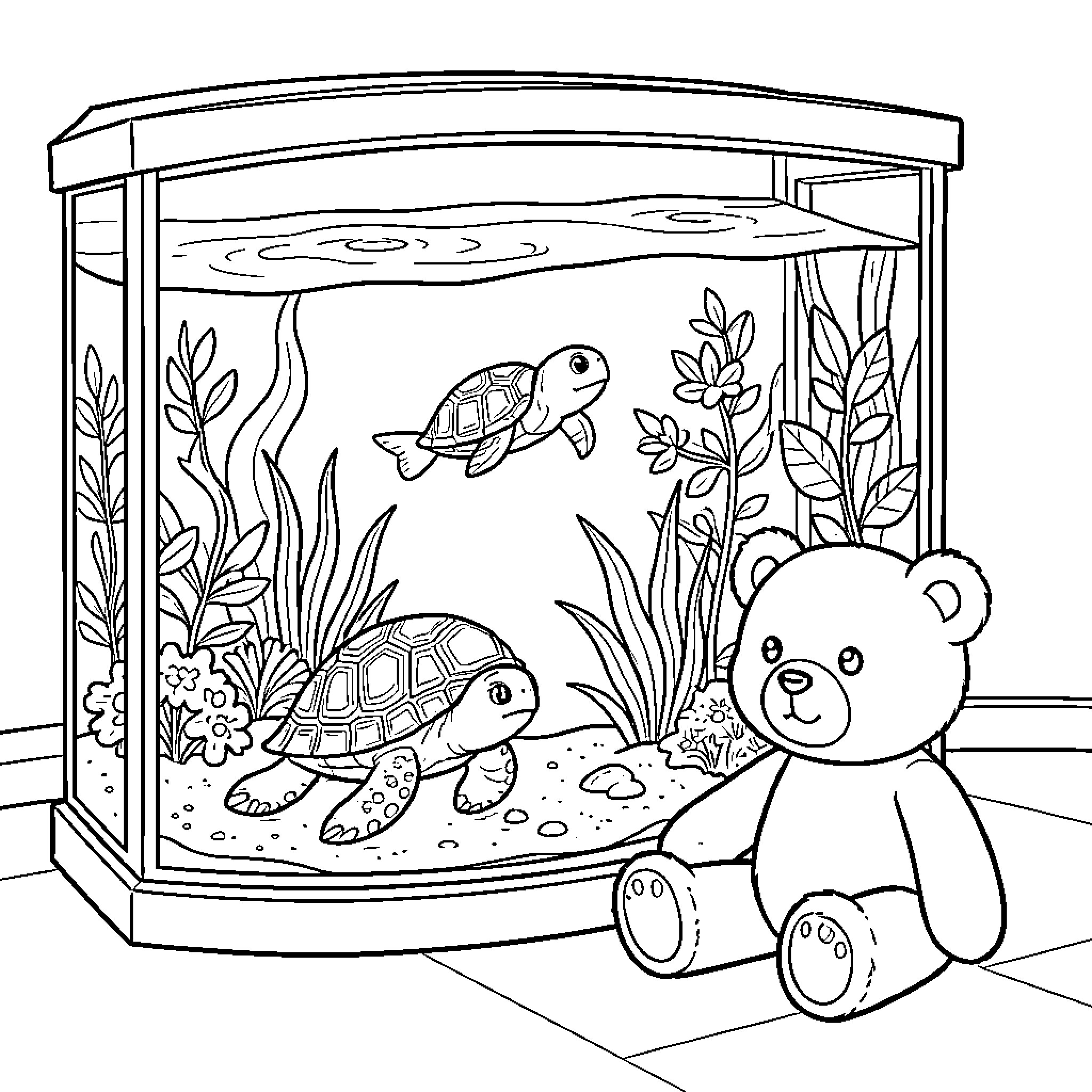 Turtle swimming in aquarium with teddy bear Coloring Page (free black-and-white line drawing printable PDF for all, from beginners to advanced learners, including children, teens, adults, and seniors)