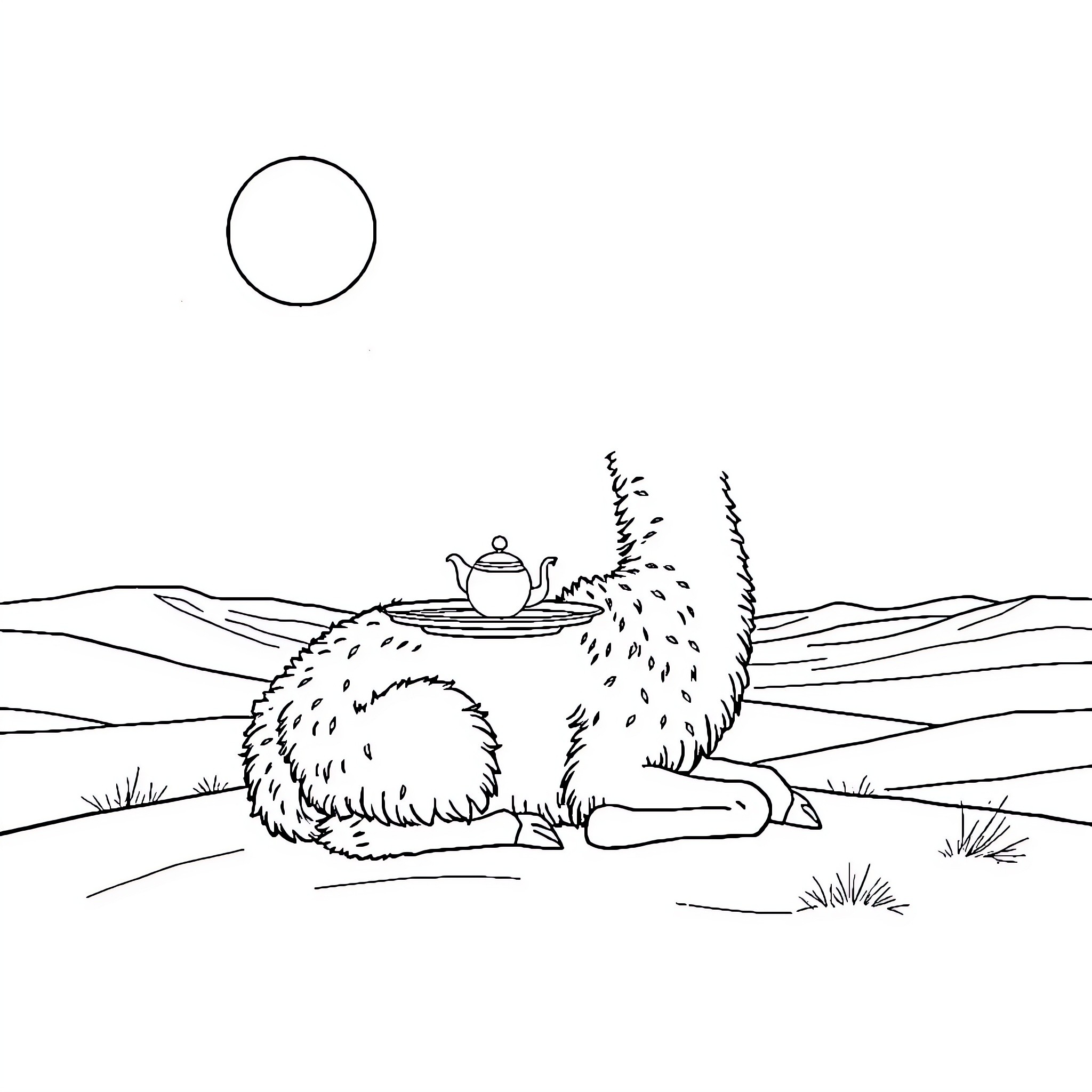 Camel resting peacefully in the desert landscape Coloring Page (free black-and-white line drawing printable PDF for all, from beginners to advanced learners, including children, teens, adults, and seniors)
