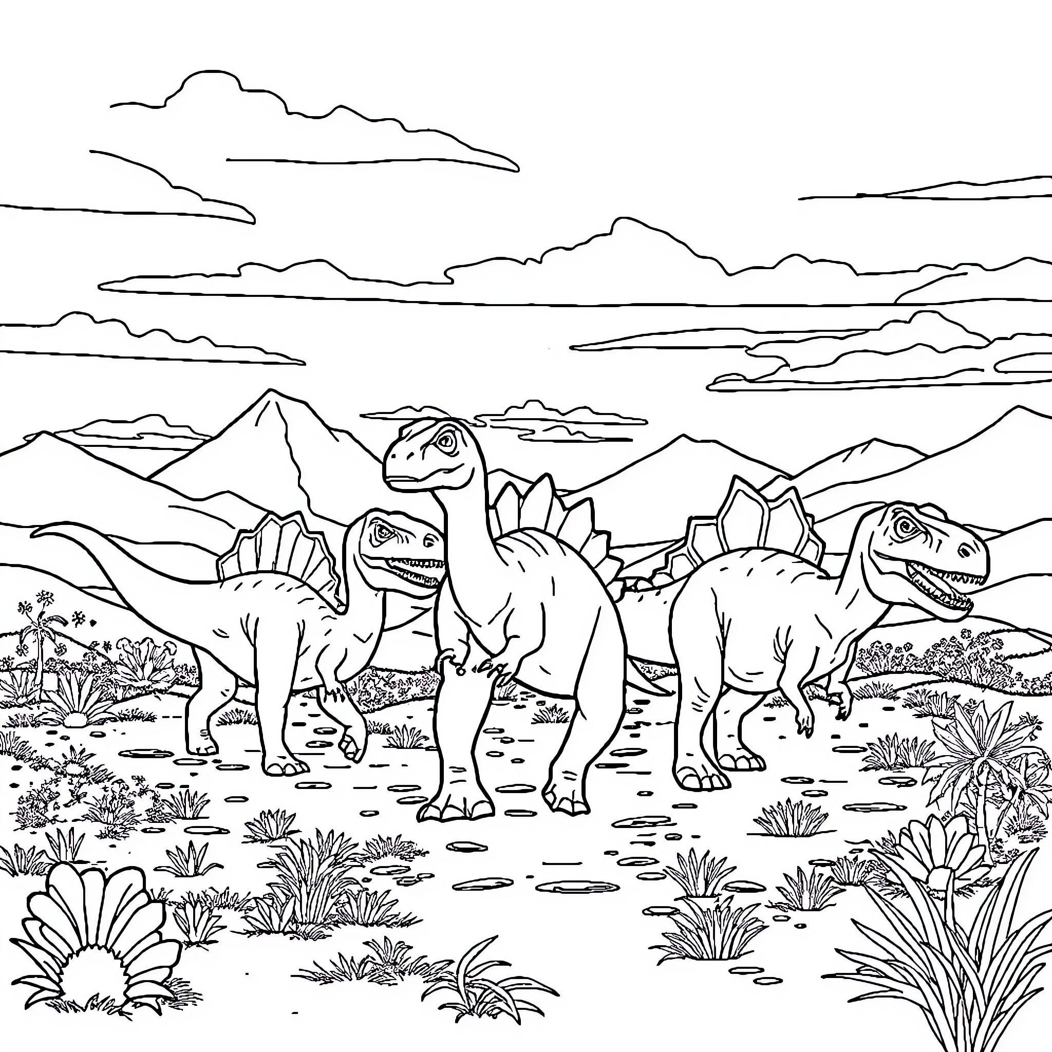 Dinosaurs roaming in prehistoric landscape Coloring Page (free black-and-white line drawing printable PDF for all, from beginners to advanced learners, including children, teens, adults, and seniors)