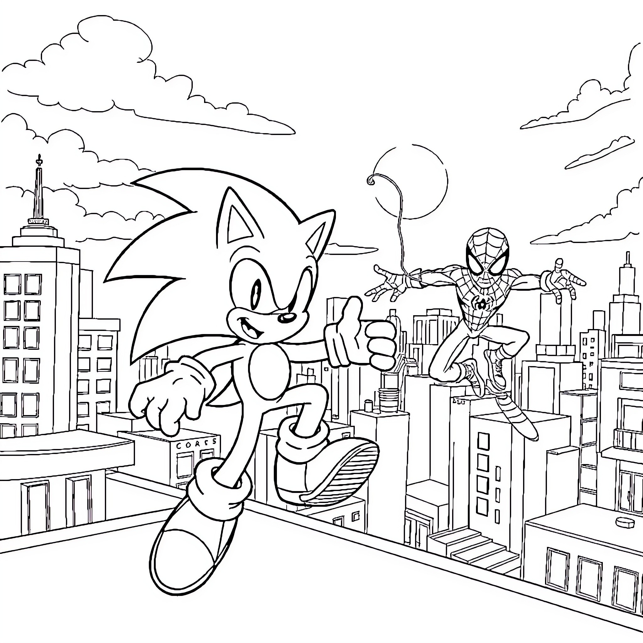 Sonic and Spider-Man racing through the city Coloring Page (free black-and-white line drawing printable PDF for all, from beginners to advanced learners, including children, teens, adults, and seniors)