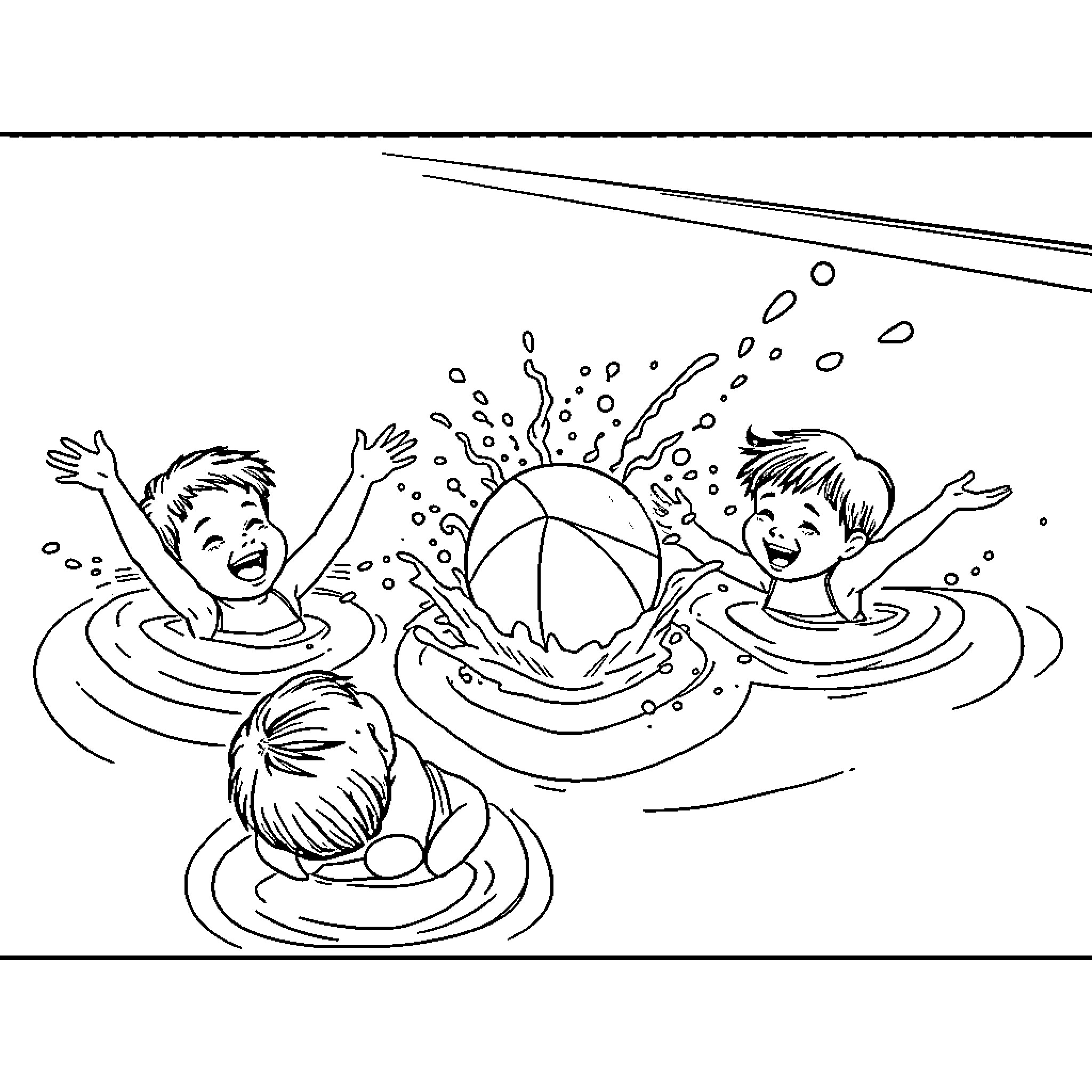 Kids playing joyfully in a pool Coloring Page (free black-and-white line drawing printable PDF for all, from beginners to advanced learners, including children, teens, adults, and seniors)