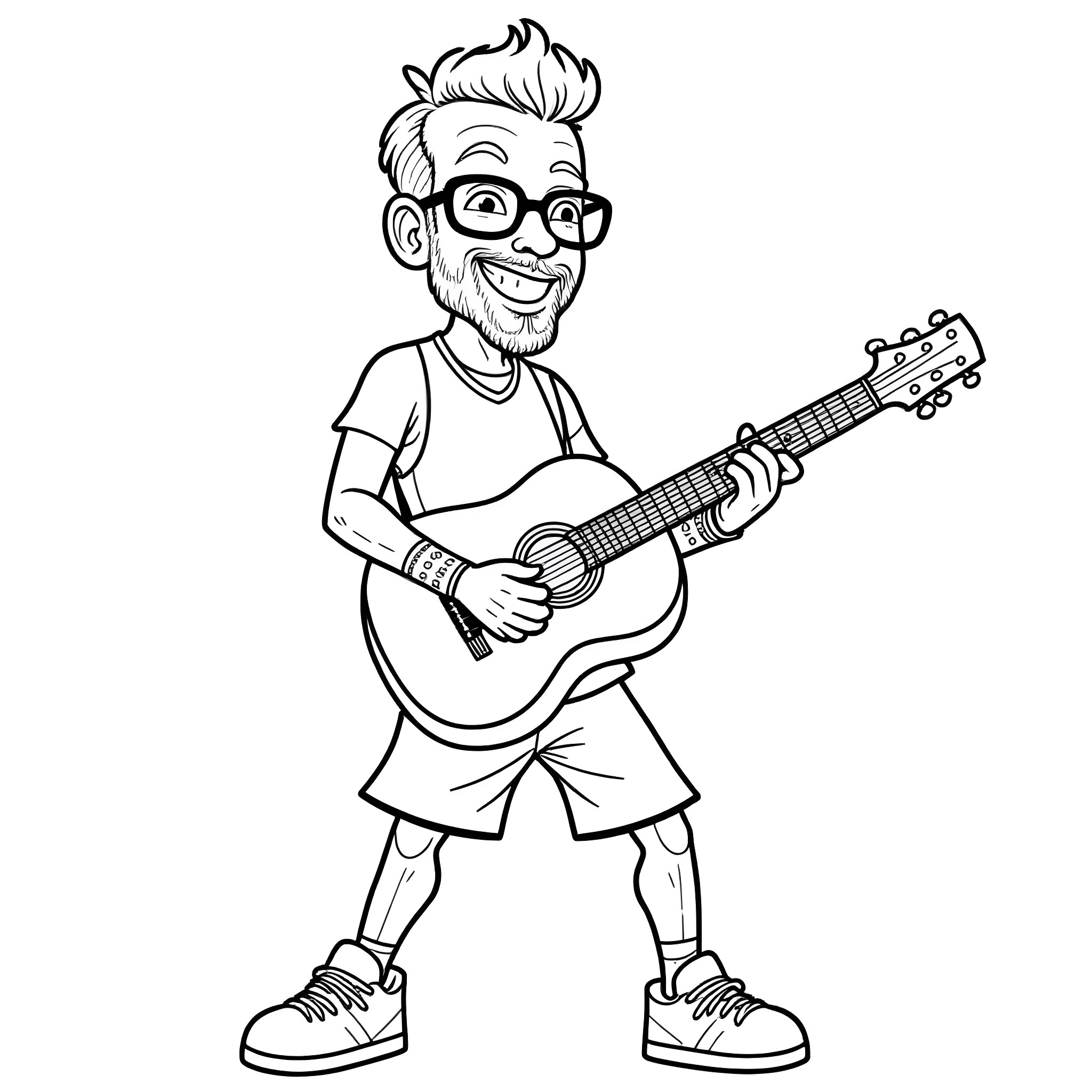 Man playing guitar with a happy expression Coloring Page (free black-and-white line drawing printable PDF for all, from beginners to advanced learners, including children, teens, adults, and seniors)
