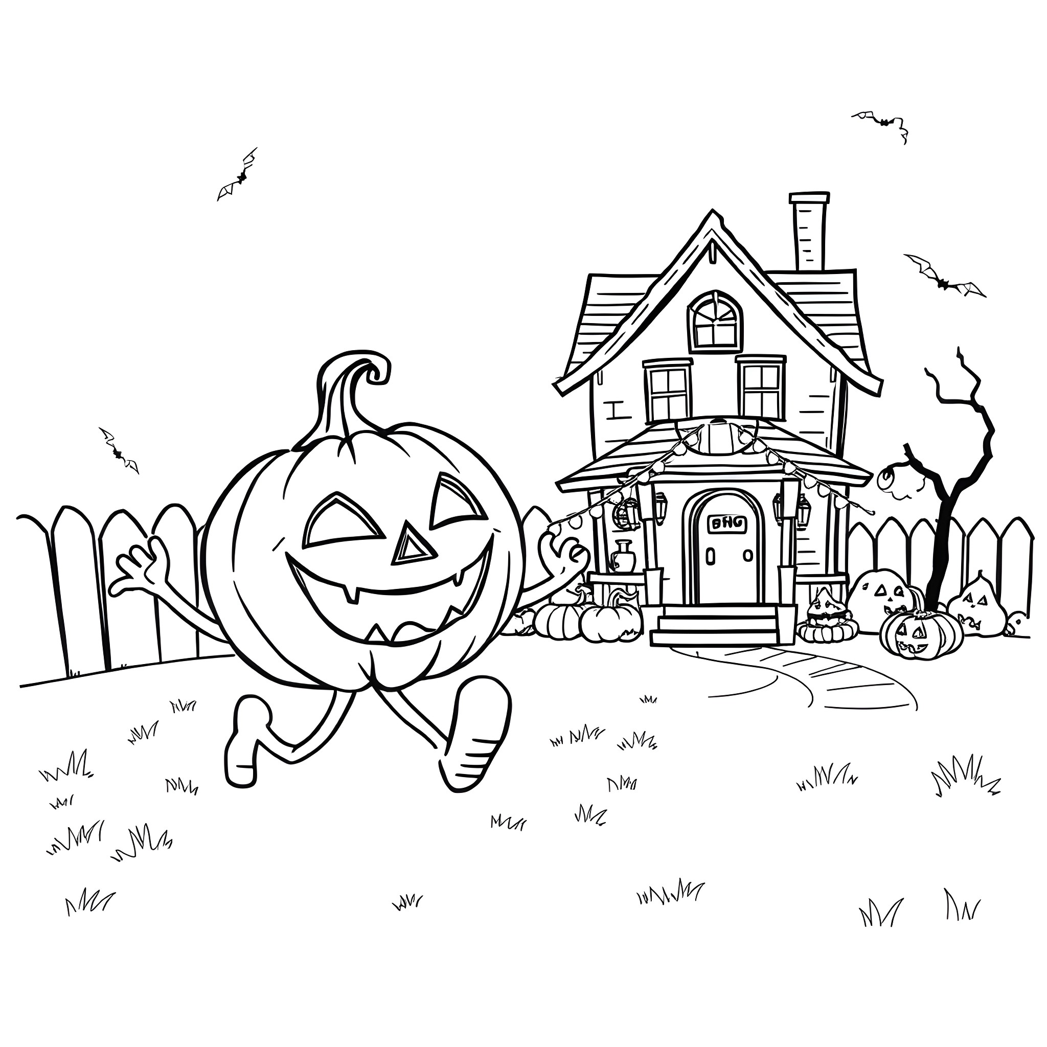 Jack-o'-lantern running happily in front of haunted house Coloring Page (free black-and-white line drawing printable PDF for all, from beginners to advanced learners, including children, teens, adults, and seniors)
