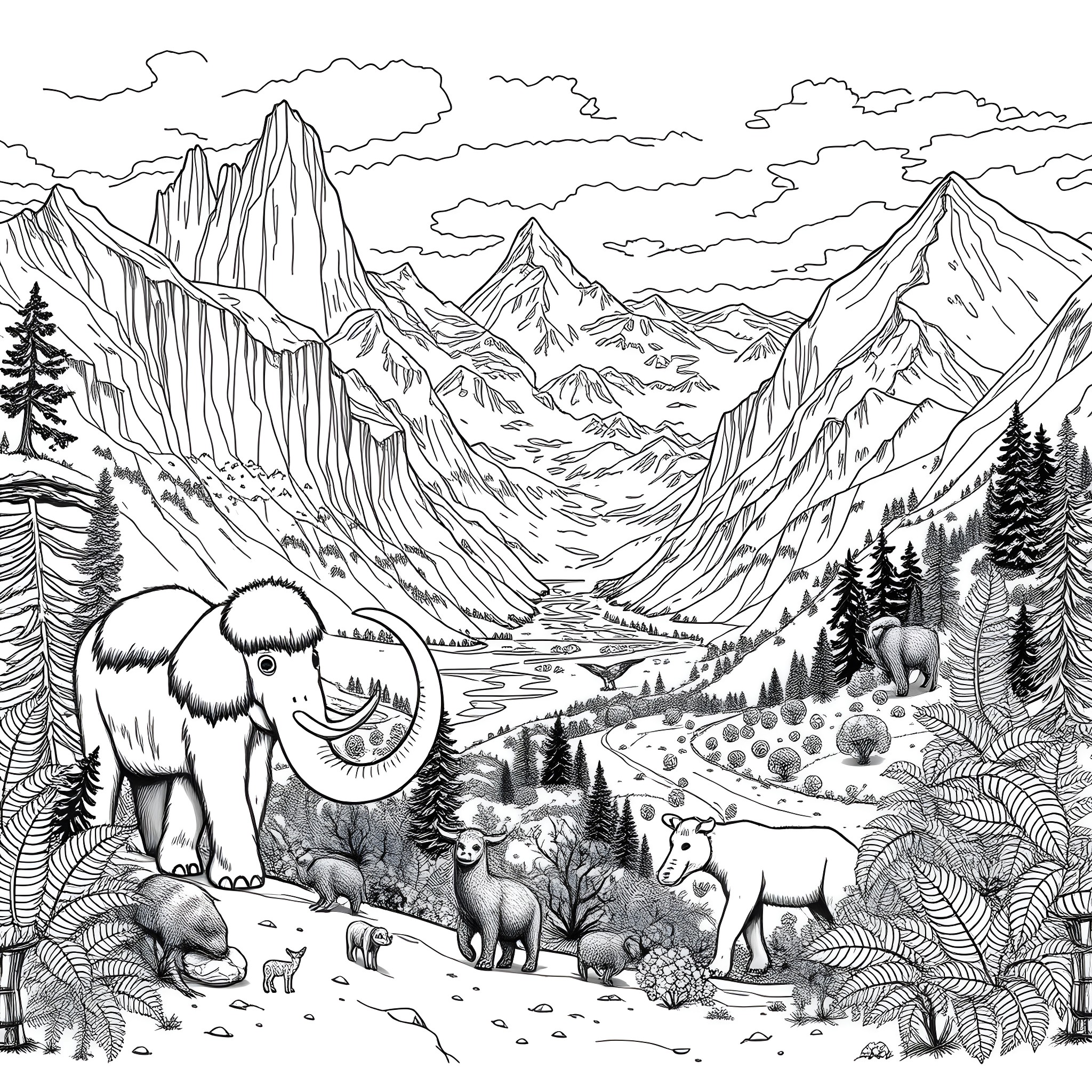 World of Majestic Mountain Landscapes and Diverse Wildlife Coloring Page (free black-and-white line drawing printable PDF for all, from beginners to advanced learners, including children, teens, adults, and seniors)