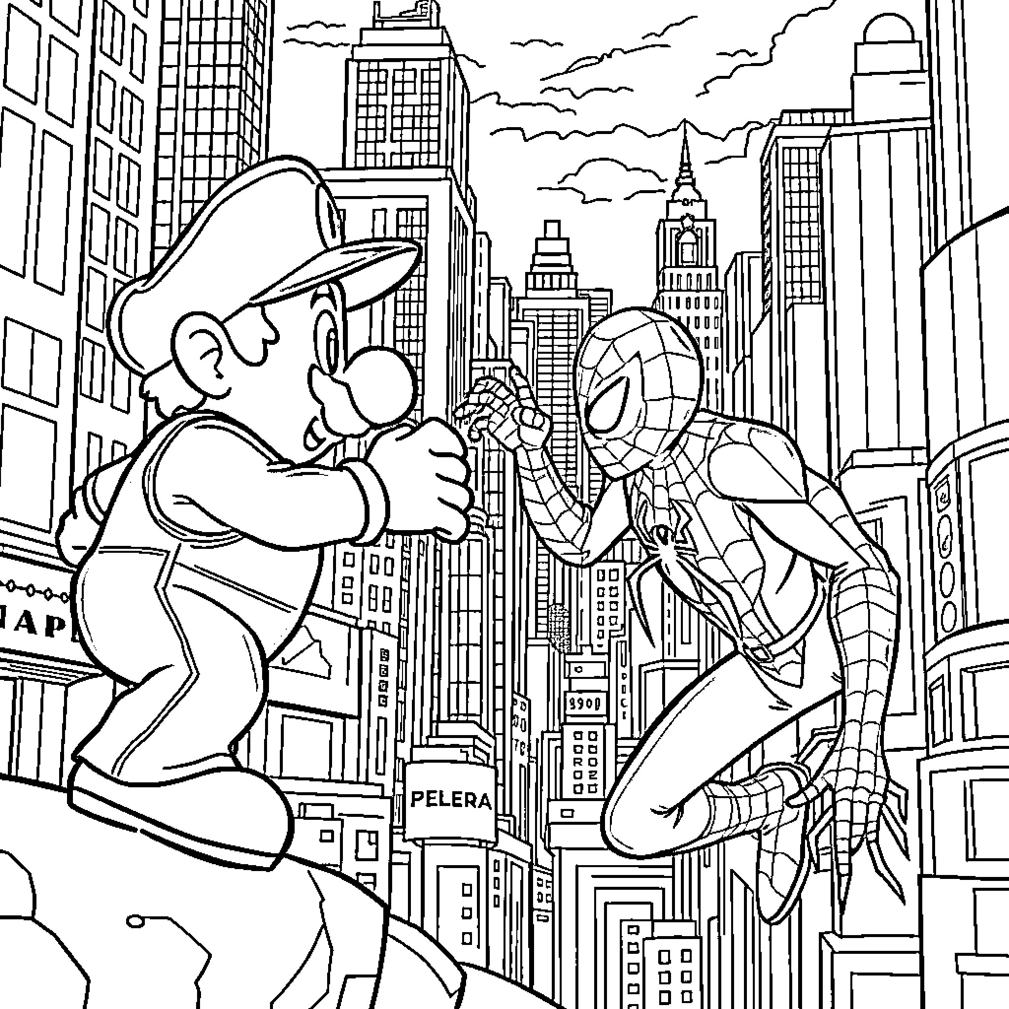 Mario and Spiderman's Exciting City Adventure Coloring Page (free black-and-white line drawing printable PDF for all, from beginners to advanced learners, including children, teens, adults, and seniors)