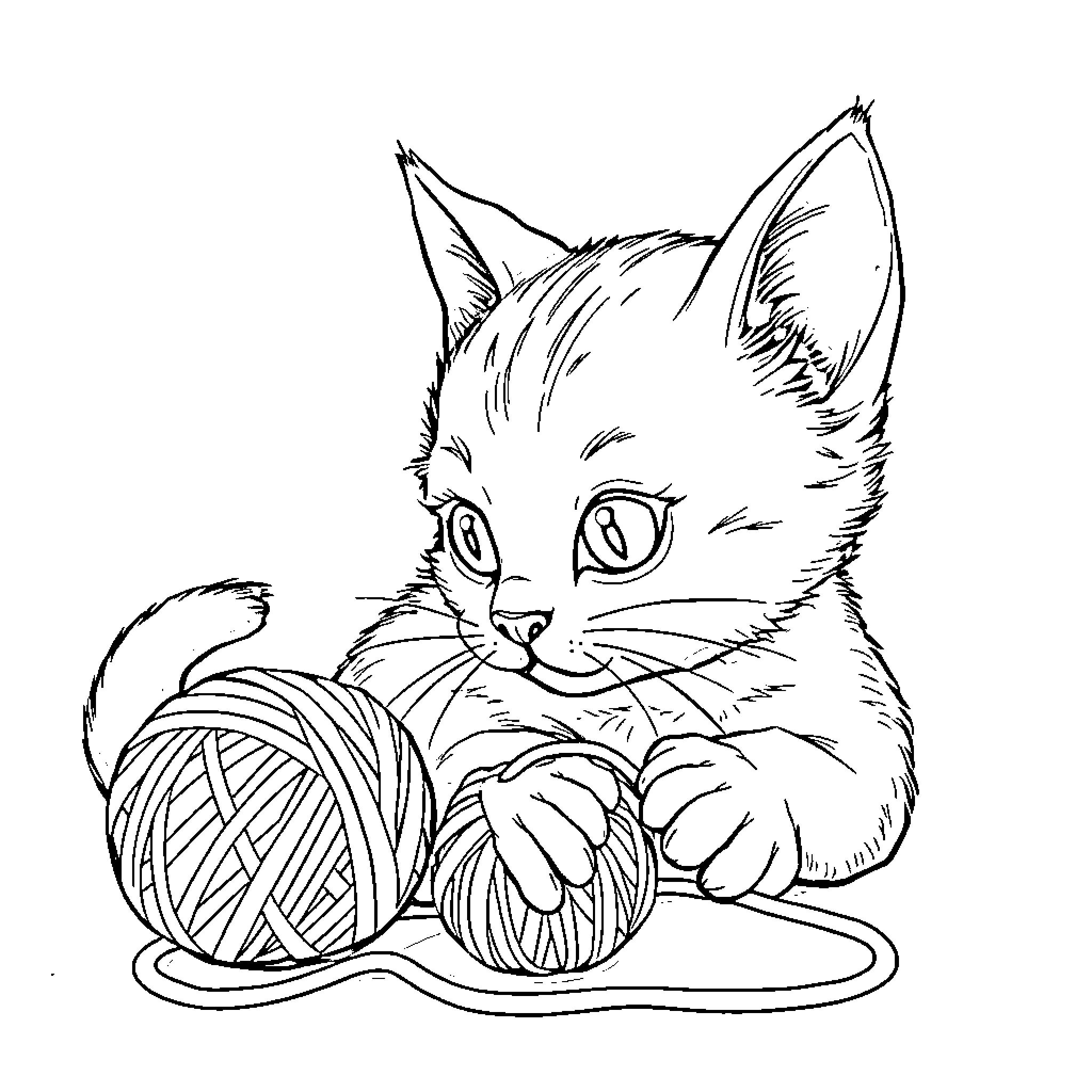 Cat playing with a ball of yarn Coloring Page (free black-and-white line drawing printable PDF for all, from beginners to advanced learners, including children, teens, adults, and seniors)