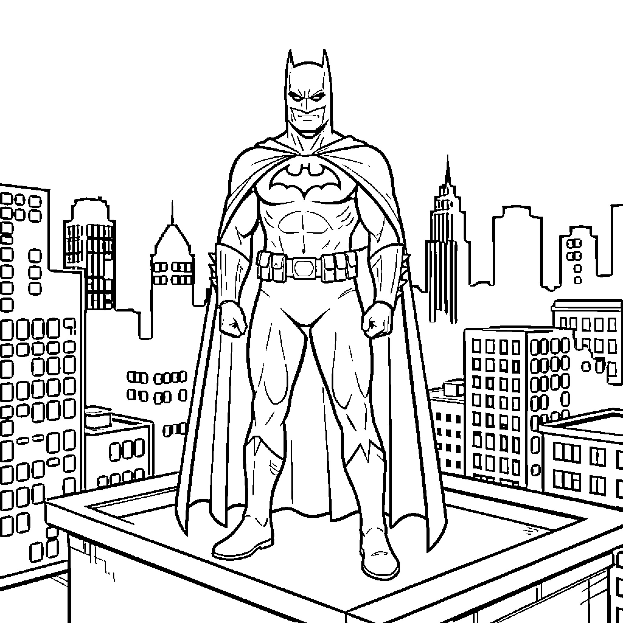 Batman standing heroically in the city skyline Coloring Page (free black-and-white line drawing printable PDF for all, from beginners to advanced learners, including children, teens, adults, and seniors)