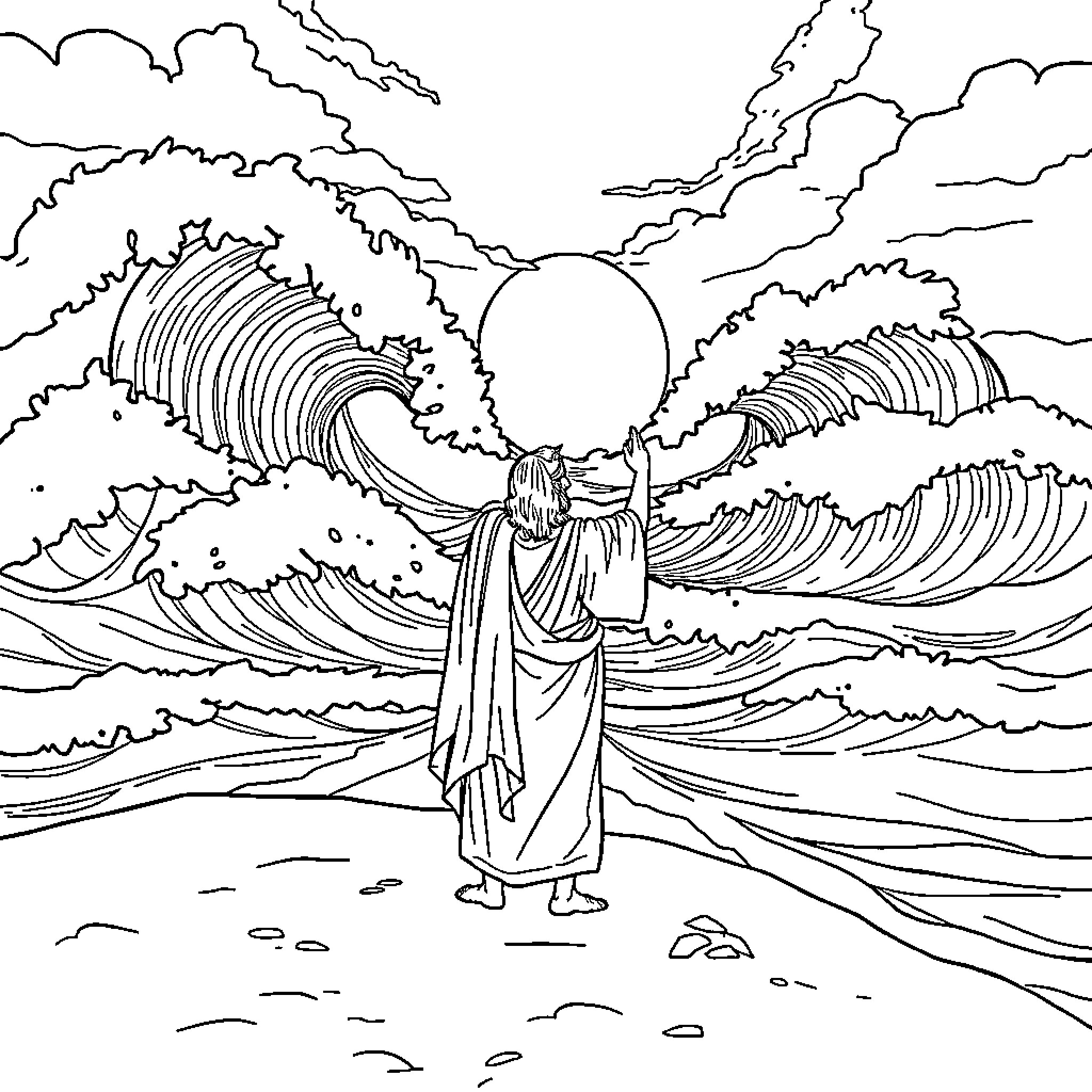Moses Dividing the Red Sea with Parting Waves Coloring Page (free black-and-white line drawing printable PDF for all, from beginners to advanced learners, including children, teens, adults, and seniors)