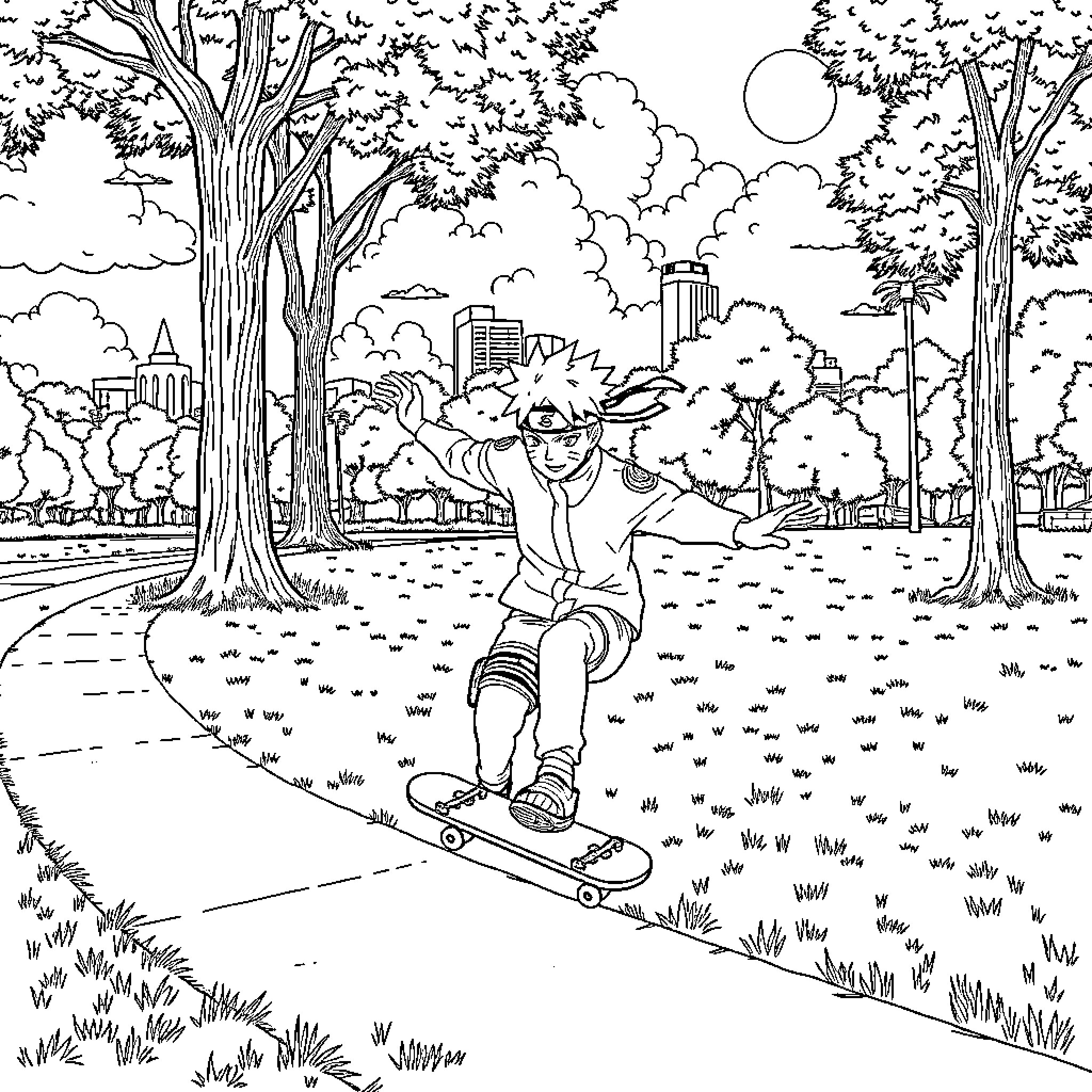 Naruto skateboarding through the park Coloring Page (free black-and-white line drawing printable PDF for all, from beginners to advanced learners, including children, teens, adults, and seniors)