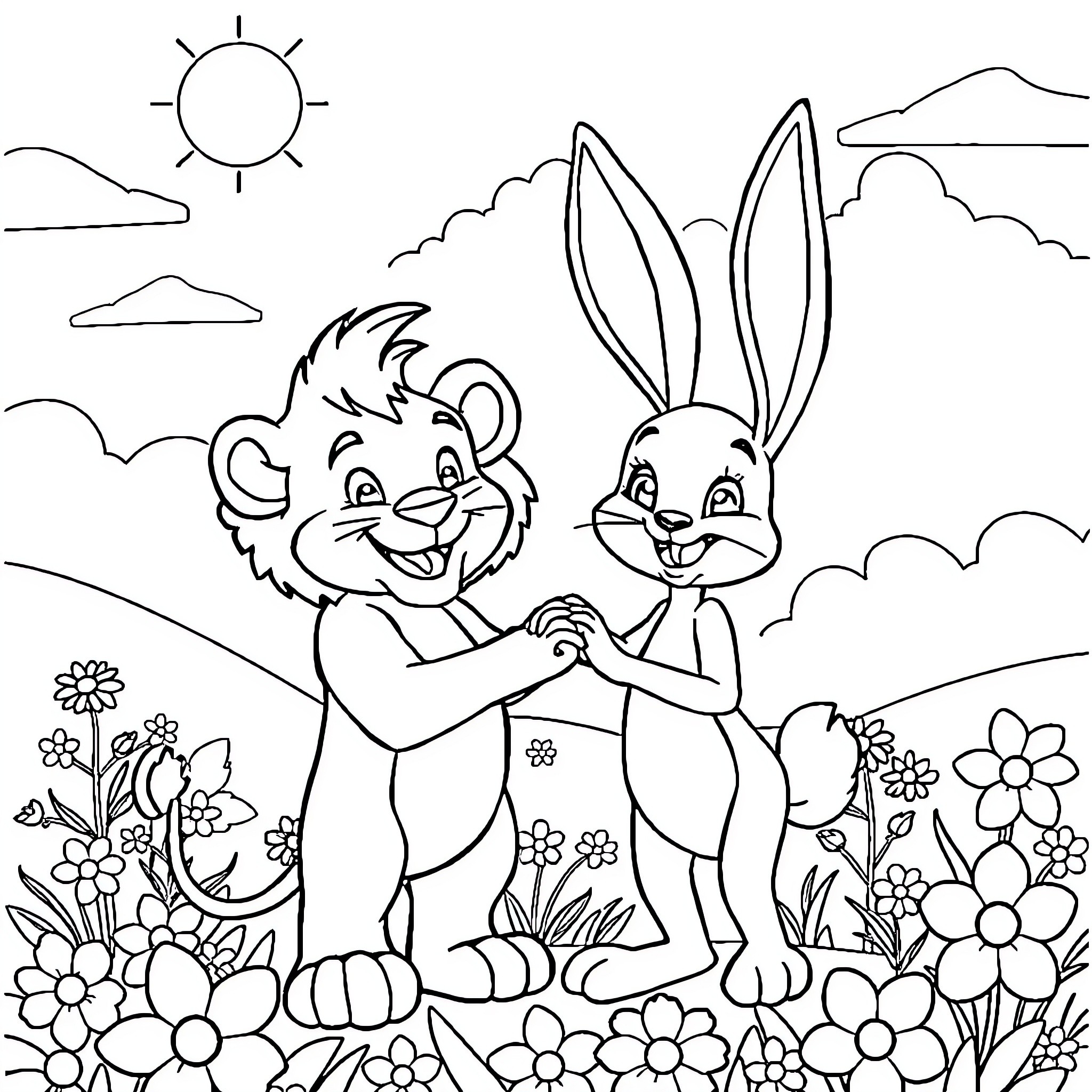 Lion and Rabbit Embracing in Flower Field Coloring Page (free black-and-white line drawing printable PDF for all, from beginners to advanced learners, including children, teens, adults, and seniors)