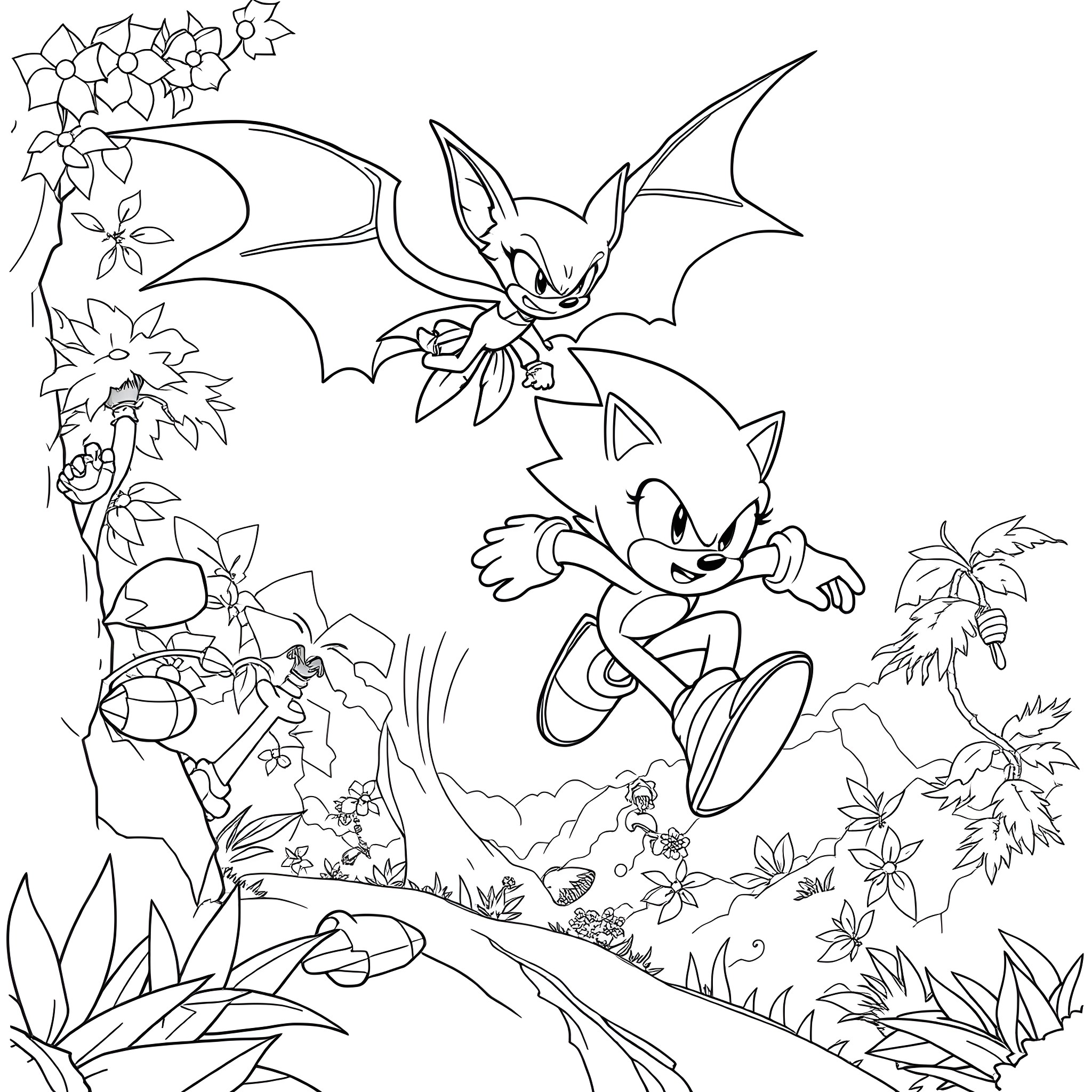 Sonic characters in a floral nature scene Coloring Page (free black-and-white line drawing printable PDF for all, from beginners to advanced learners, including children, teens, adults, and seniors)