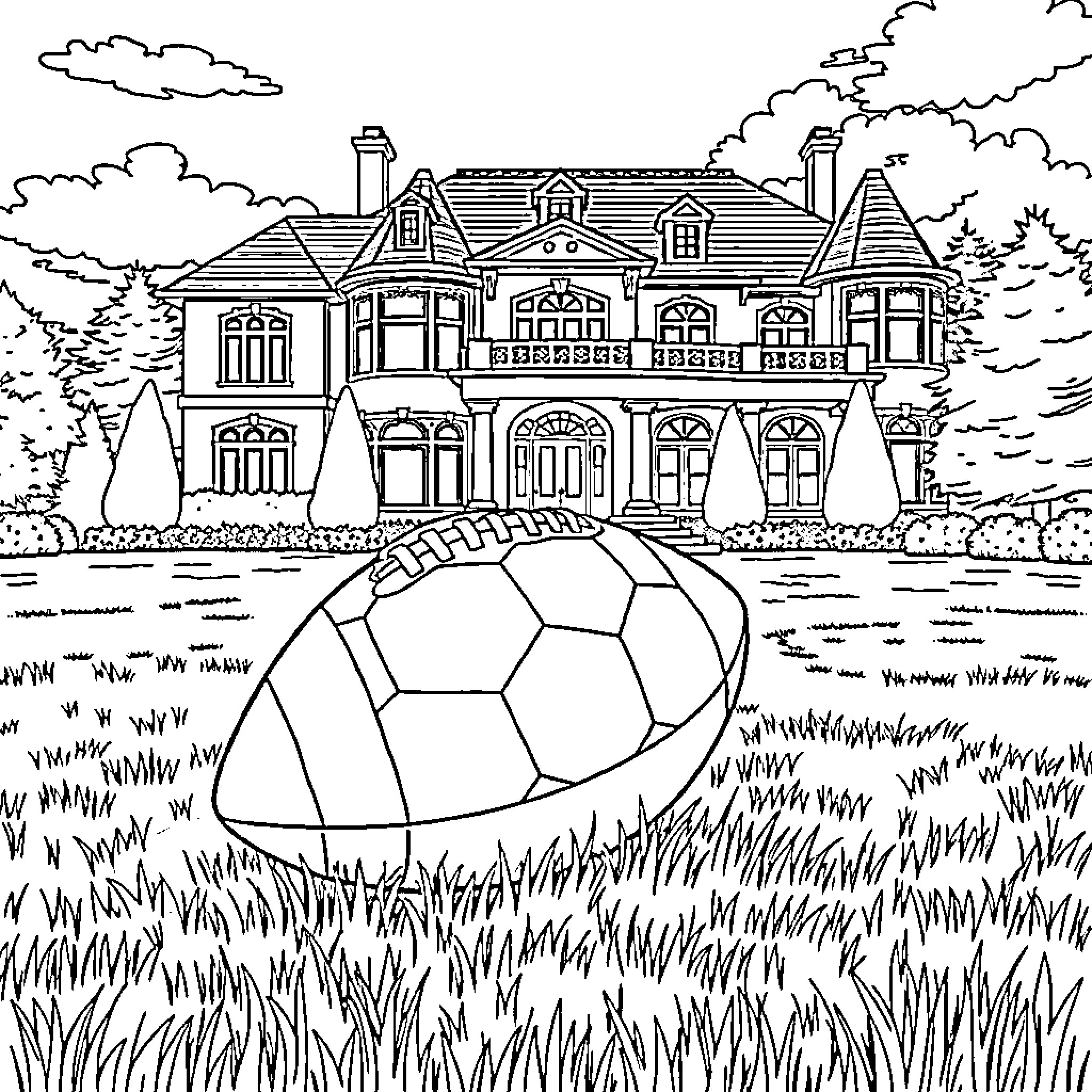 Football Game in Front of Victorian House Coloring Page (free black-and-white line drawing printable PDF for all, from beginners to advanced learners, including children, teens, adults, and seniors)