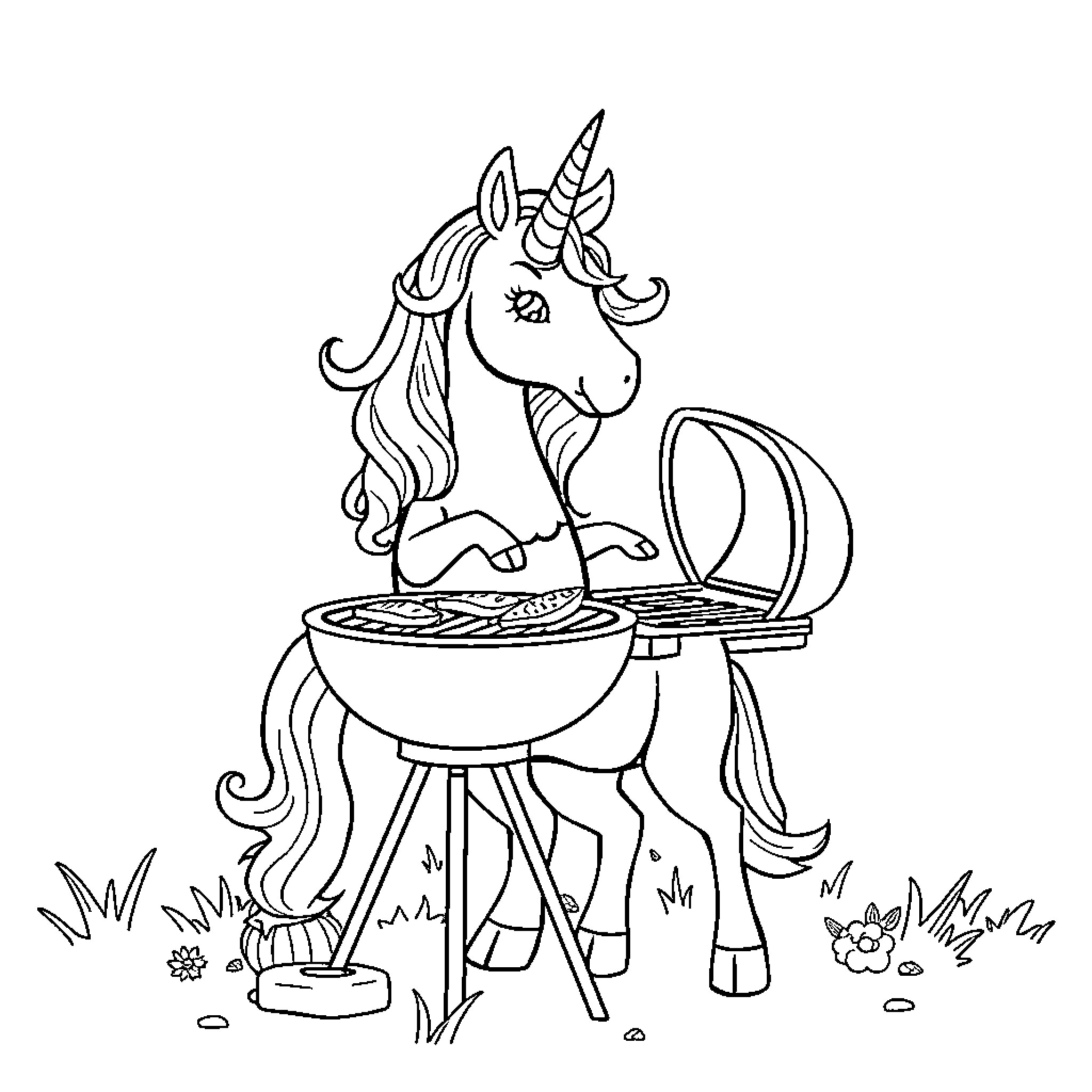 Unicorn enjoying a cookout in the meadow Coloring Page (free black-and-white line drawing printable PDF for all, from beginners to advanced learners, including children, teens, adults, and seniors)