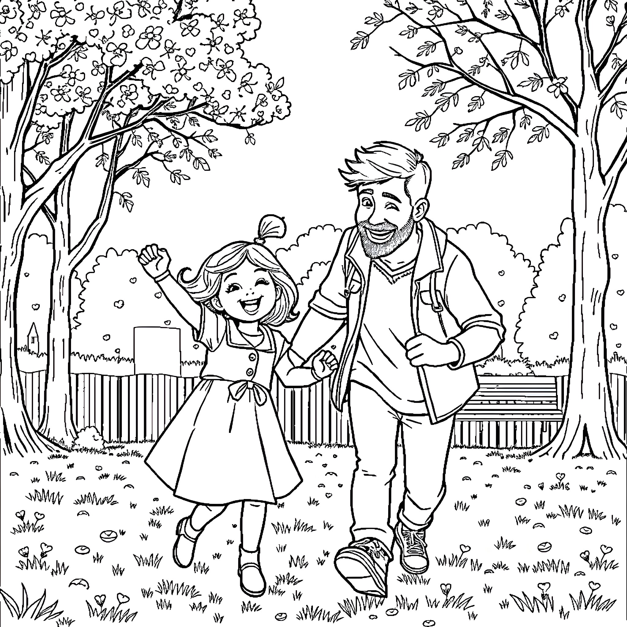 Father and Daughter Enjoying a Stroll in the Park Coloring Page (free black-and-white line drawing printable PDF for all, from beginners to advanced learners, including children, teens, adults, and seniors)