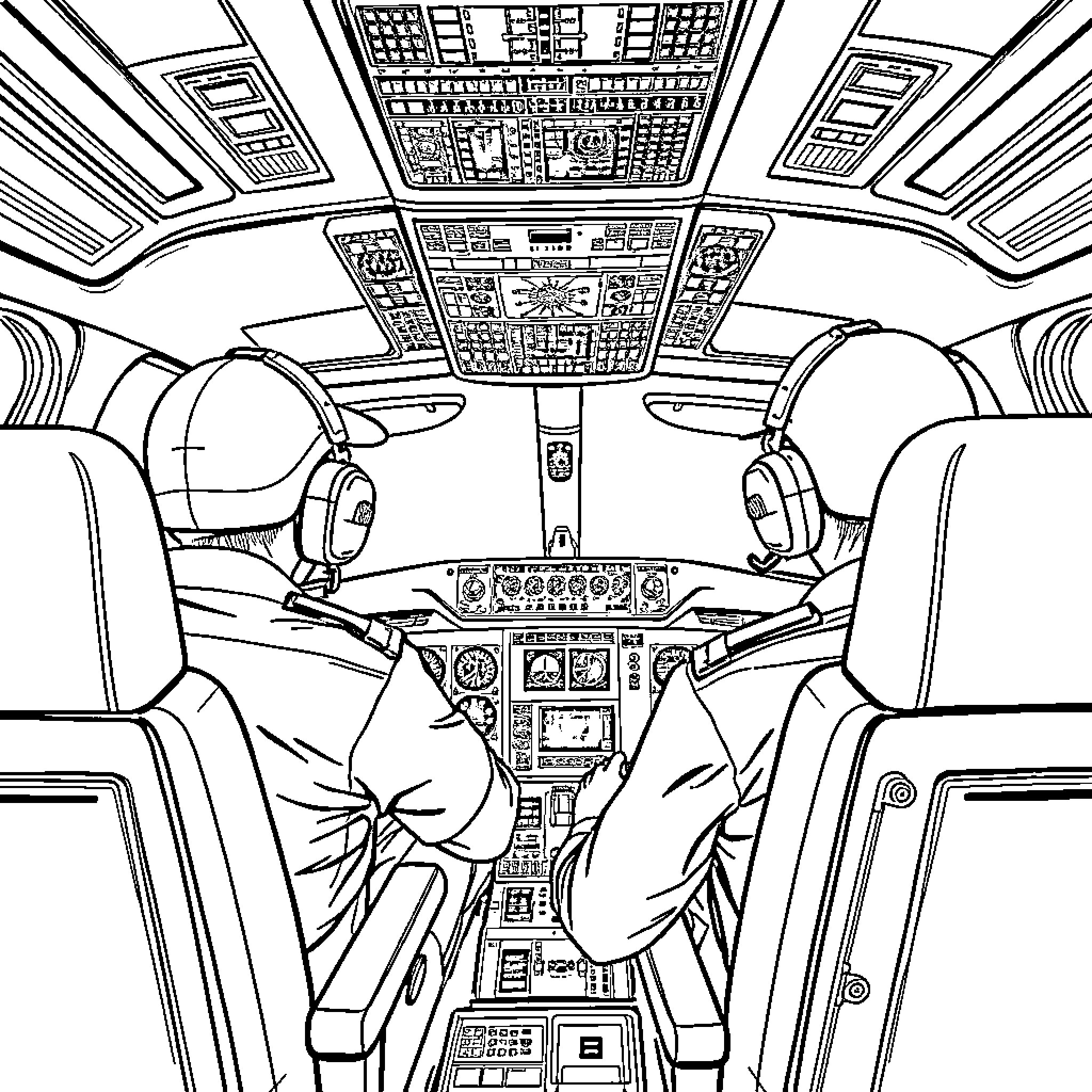Pilot operating aircraft control panel Coloring Page (free black-and-white line drawing printable PDF for all, from beginners to advanced learners, including children, teens, adults, and seniors)