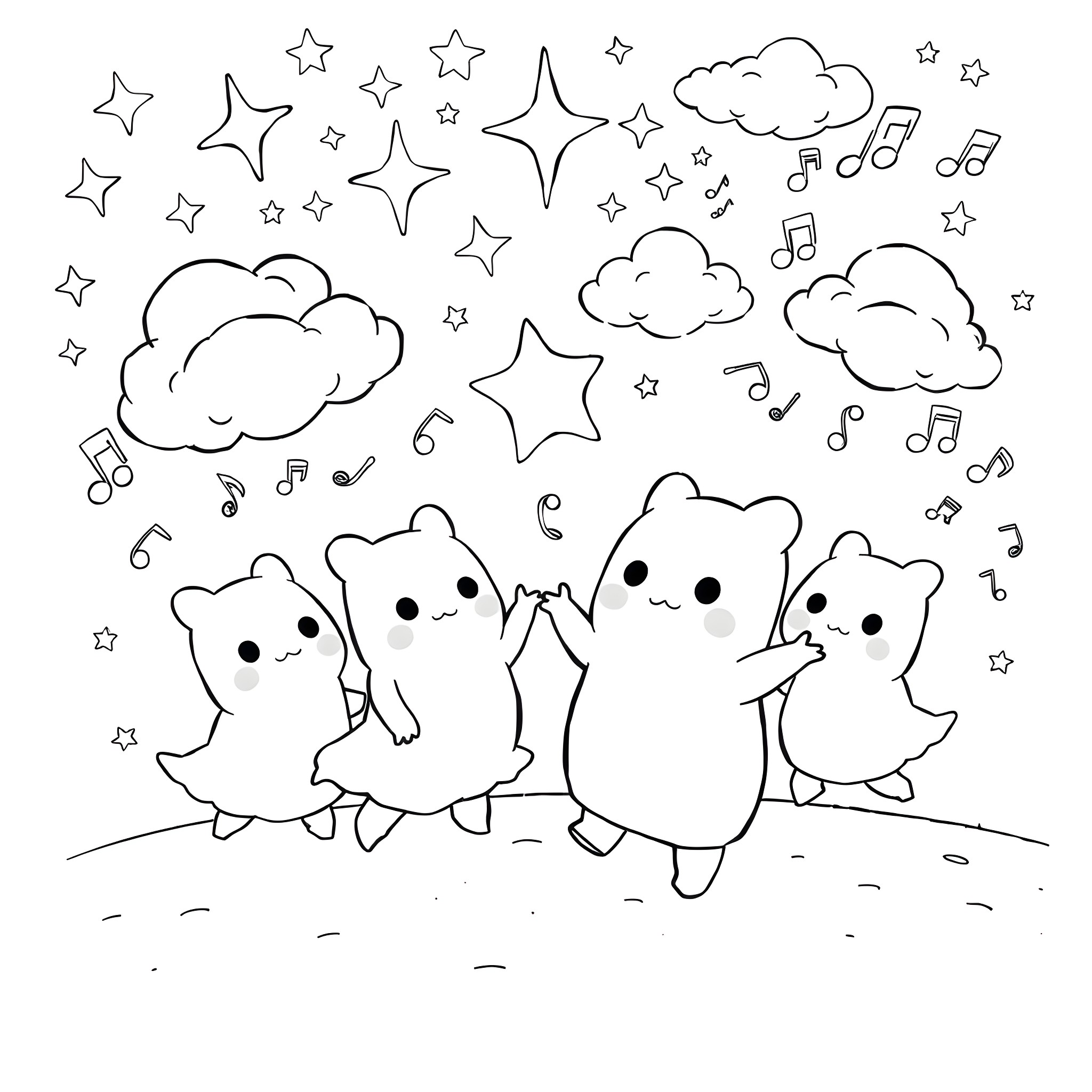 Squishmallow characters in a whimsical, starry scene Coloring Page (free black-and-white line drawing printable PDF for all, from beginners to advanced learners, including children, teens, adults, and seniors)