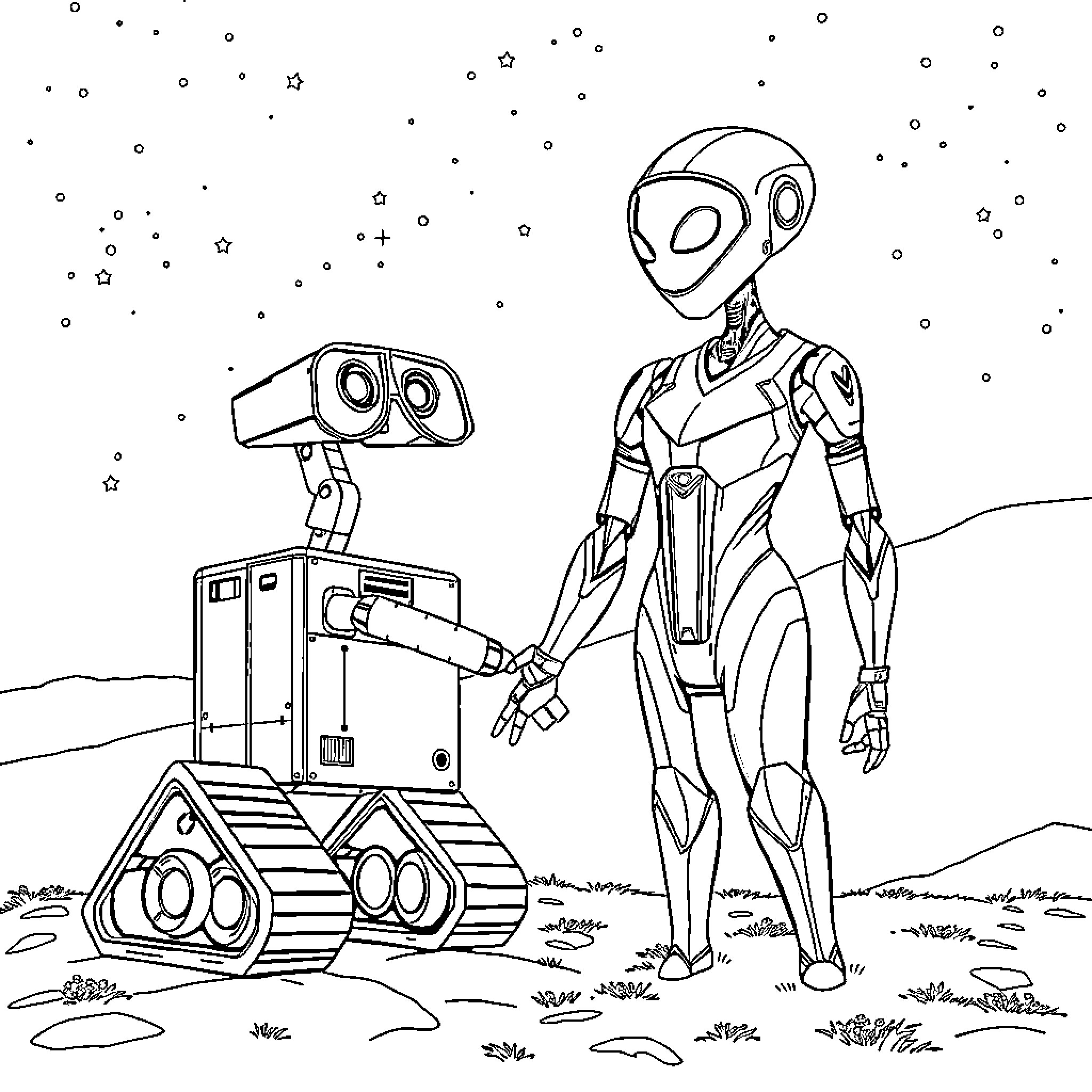 Wall-E exploring the galaxy with robot companion Coloring Page (free black-and-white line drawing printable PDF for all, from beginners to advanced learners, including children, teens, adults, and seniors)