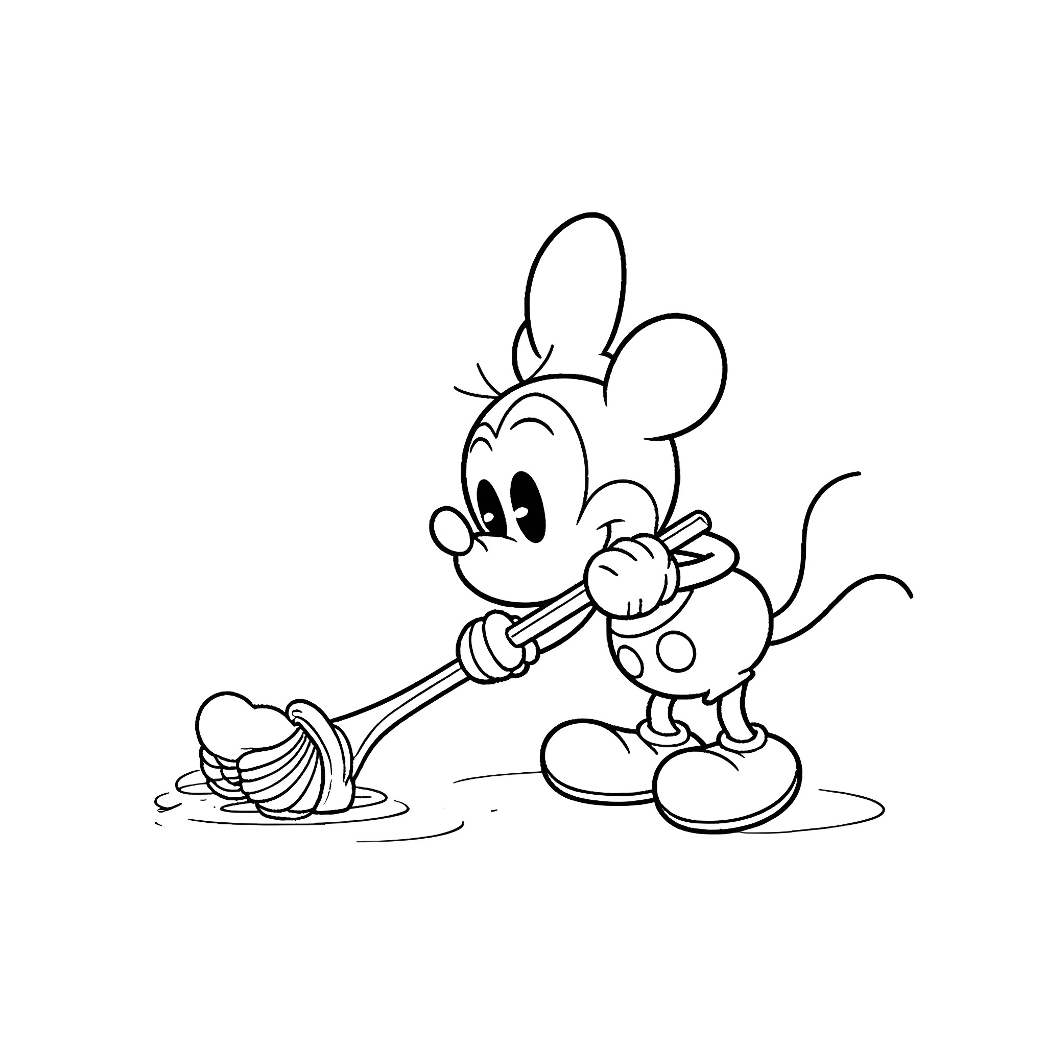 Mickey Mouse sweeping with a broom Coloring Page (free black-and-white line drawing printable PDF for all, from beginners to advanced learners, including children, teens, adults, and seniors)