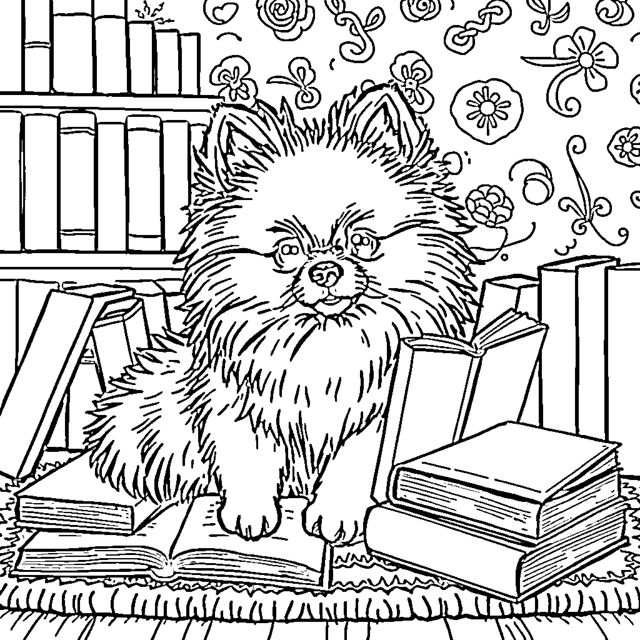 Pomeranian reading books in a cozy library Coloring Page (free black-and-white line drawing printable PDF for all, from beginners to advanced learners, including children, teens, adults, and seniors)