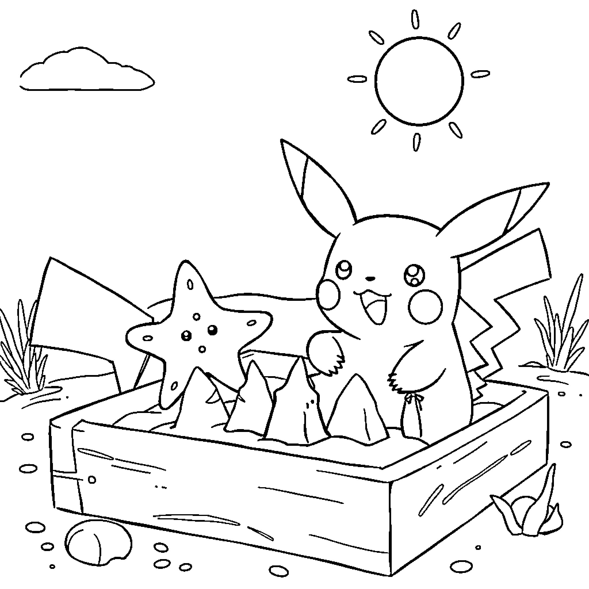 Pikachu playing with starfish in the sunny outdoors Coloring Page (free black-and-white line drawing printable PDF for all, from beginners to advanced learners, including children, teens, adults, and seniors)