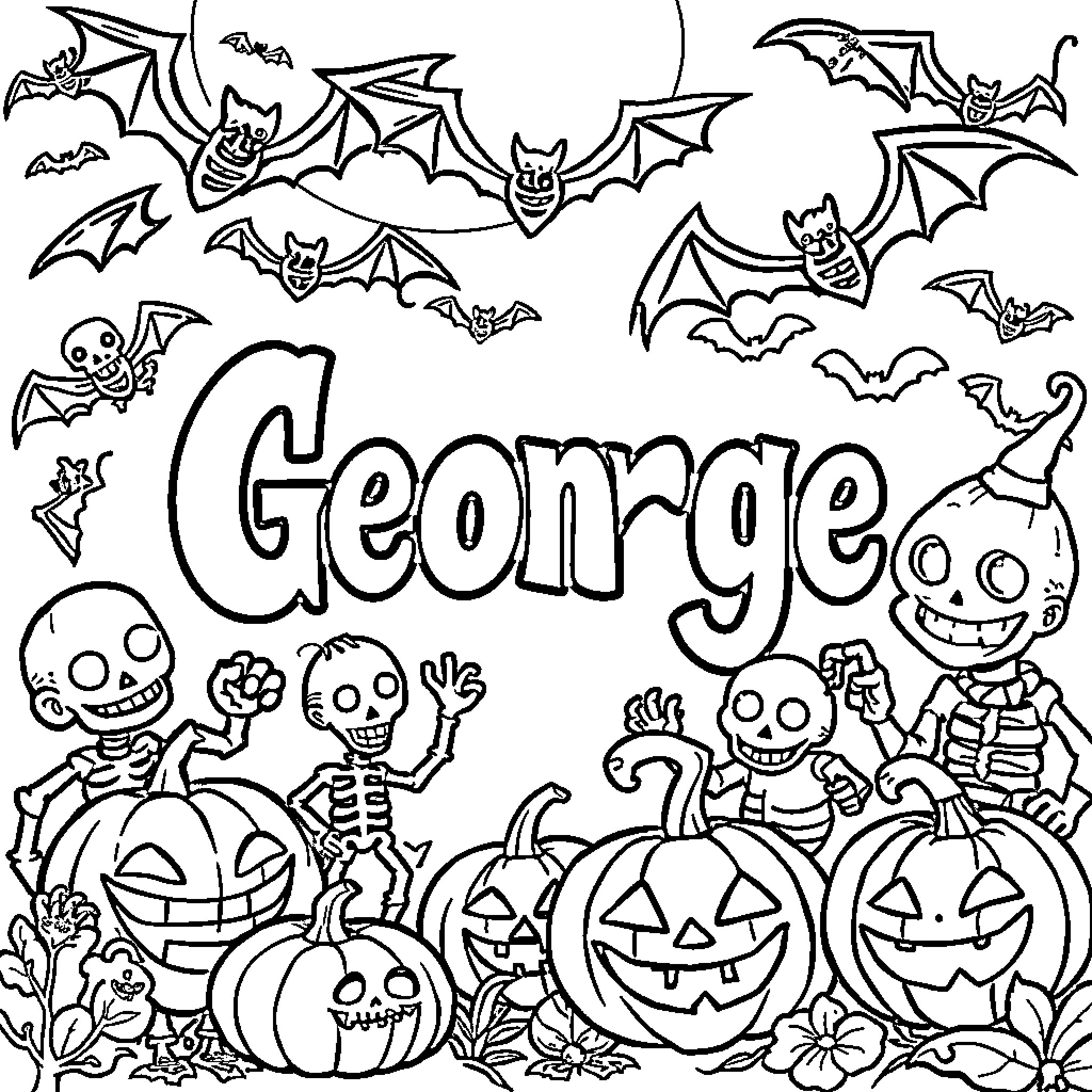 George's Halloween Spooktacular with Bats and Skeletons Coloring Page (free black-and-white line drawing printable PDF for all, from beginners to advanced learners, including children, teens, adults, and seniors)