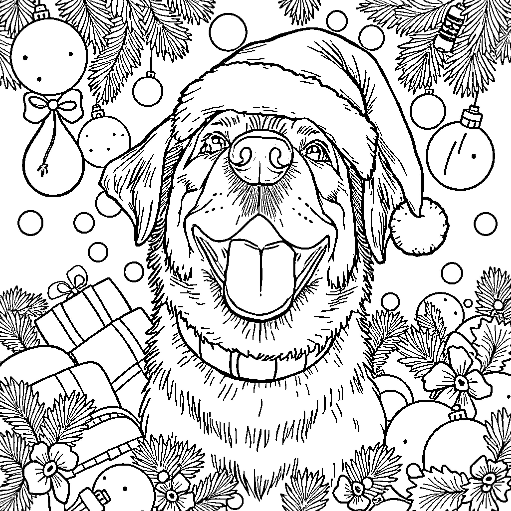 Dog joyfully celebrating Christmas with ornaments and gifts Coloring Page (free black-and-white line drawing printable PDF for all, from beginners to advanced learners, including children, teens, adults, and seniors)