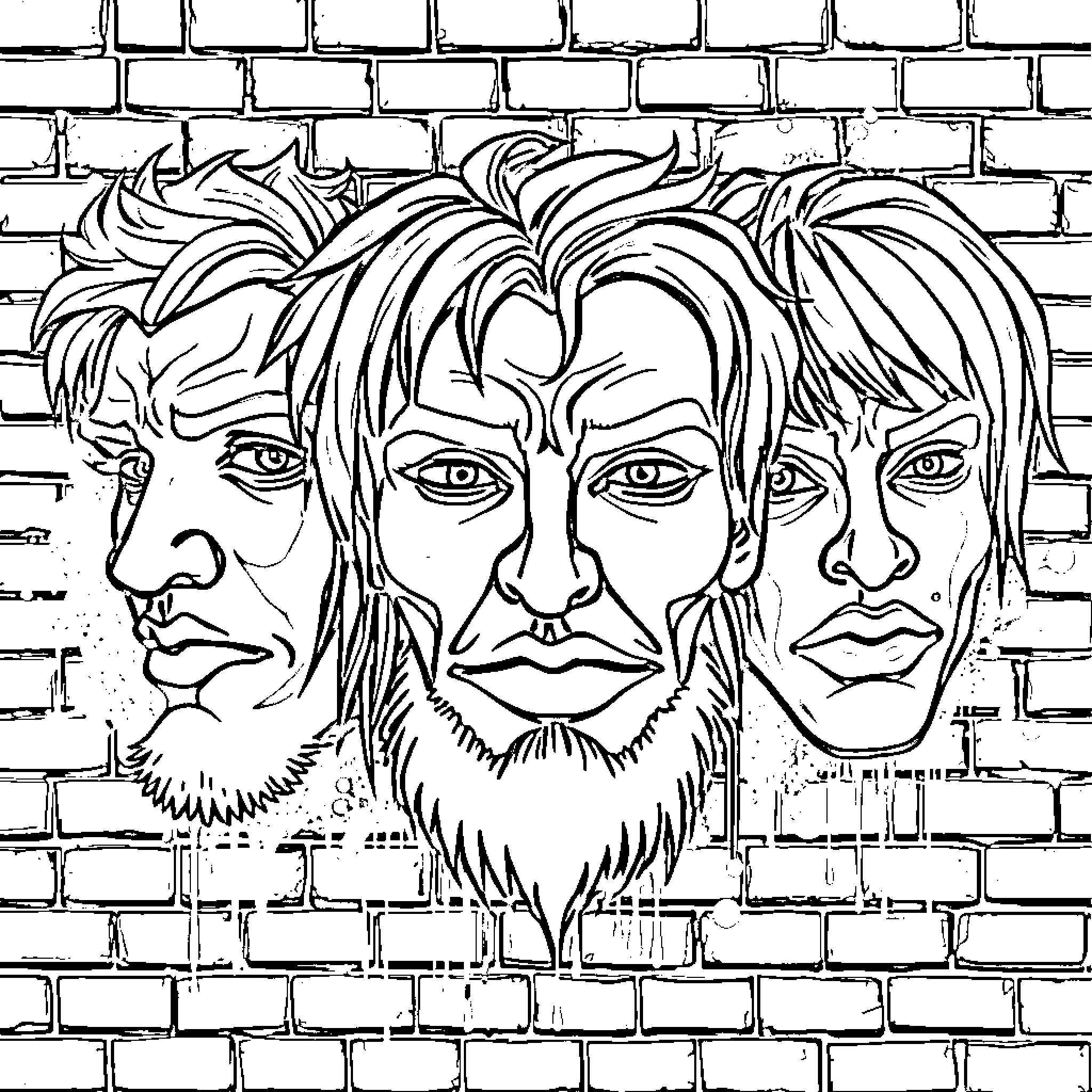 Graffiti Depicting Expressive Faces on Brick Wall Coloring Page (free black-and-white line drawing printable PDF for all, from beginners to advanced learners, including children, teens, adults, and seniors)