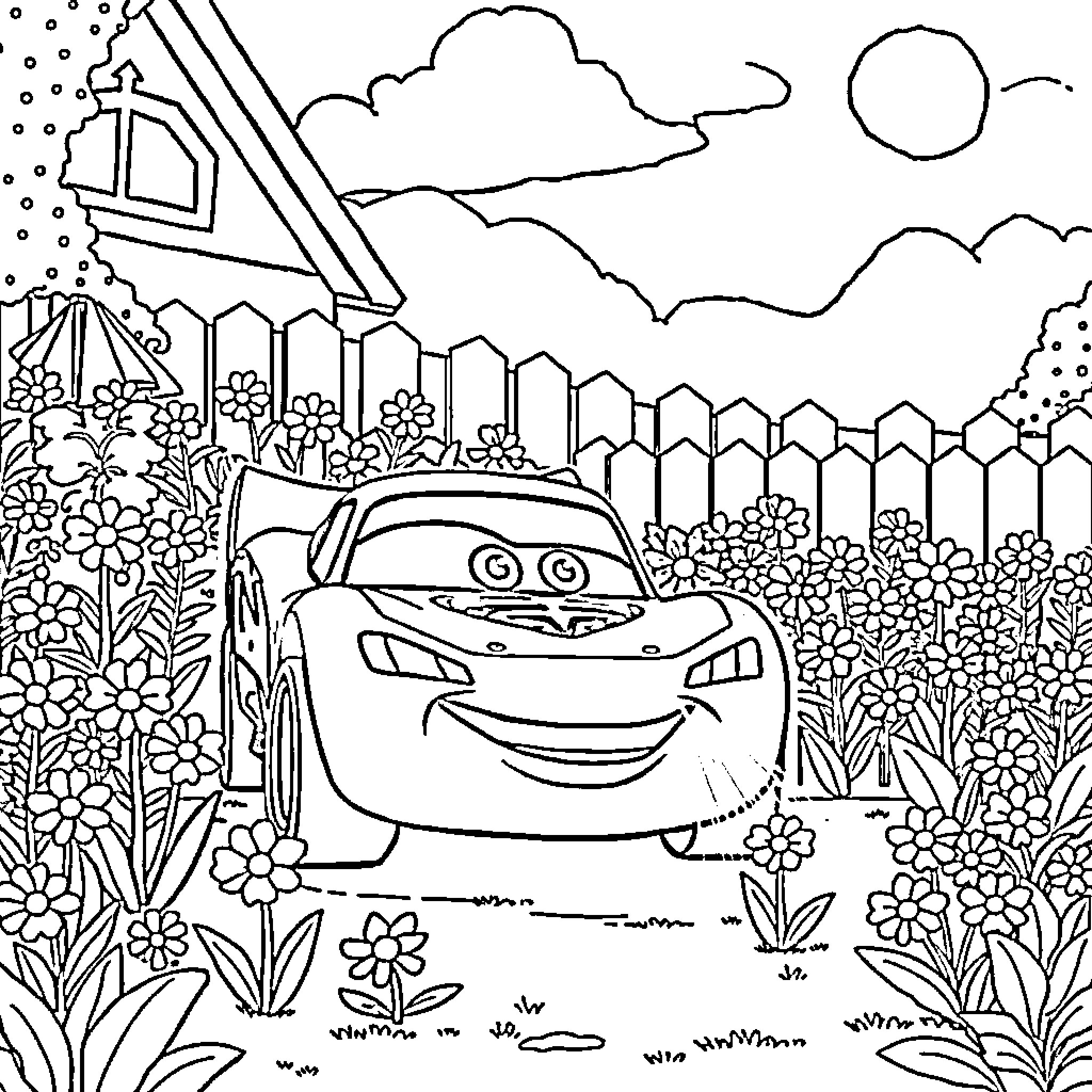 Lightning McQueen enjoying the outdoors in a floral scene Coloring Page (free black-and-white line drawing printable PDF for all, from beginners to advanced learners, including children, teens, adults, and seniors)