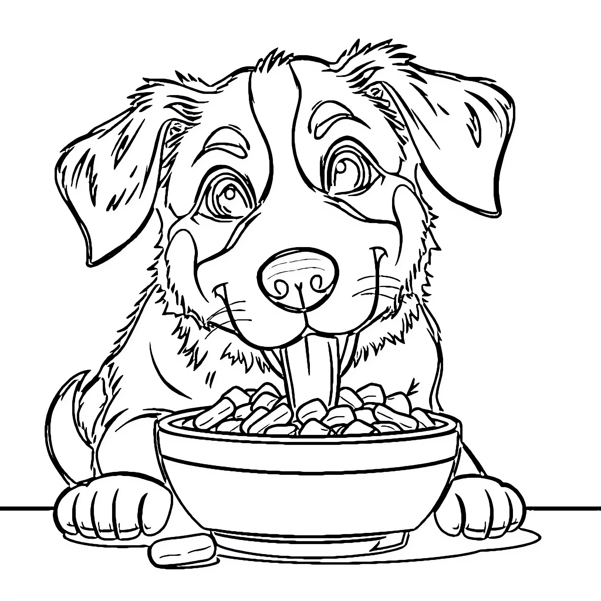 Dog enjoying a tasty meal Coloring Page (free black-and-white line drawing printable PDF for all, from beginners to advanced learners, including children, teens, adults, and seniors)