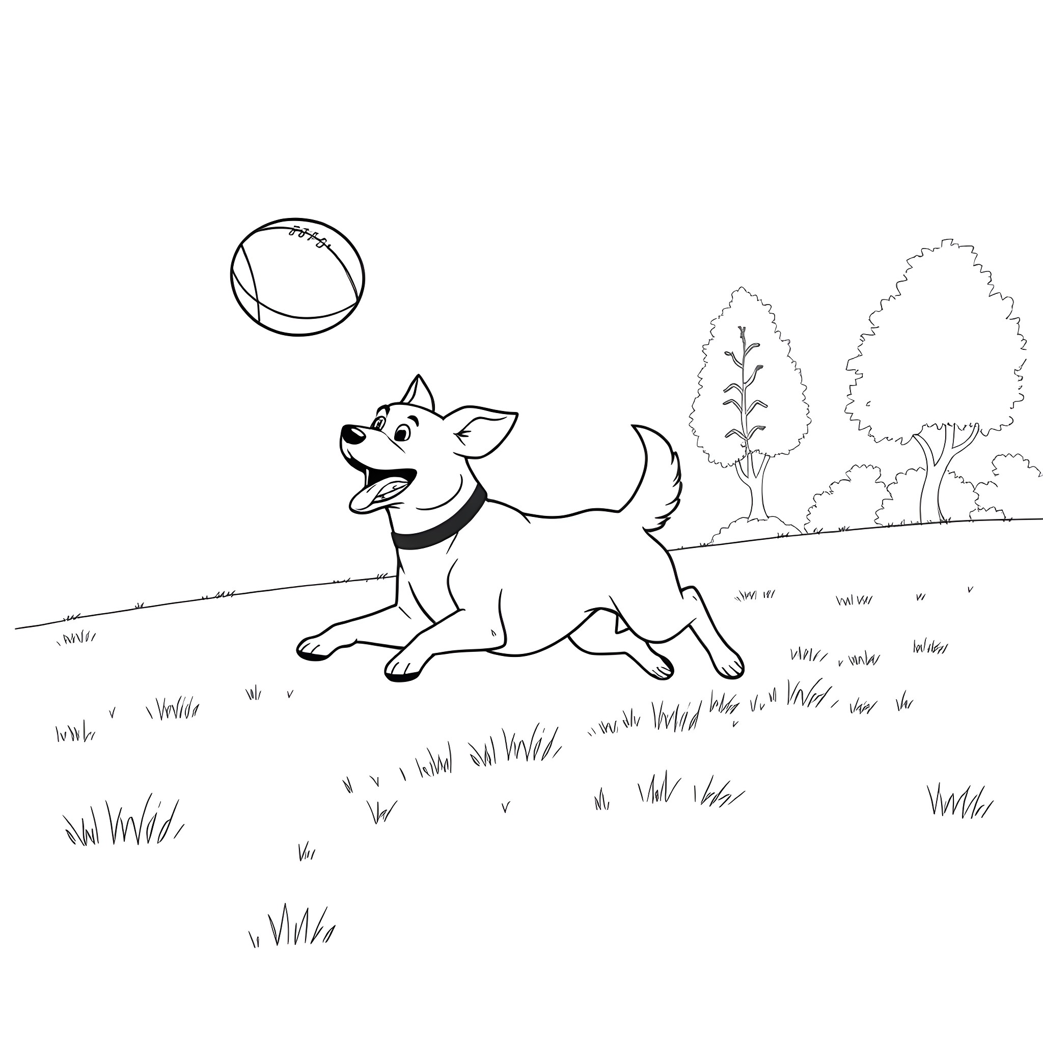 Dog playing with ball in the park Coloring Page (free black-and-white line drawing printable PDF for all, from beginners to advanced learners, including children, teens, adults, and seniors)