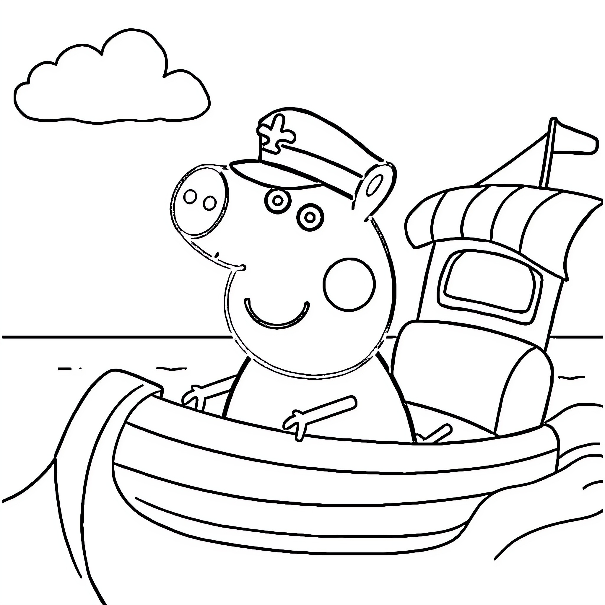 Peppa Pig sailing a boat on the sea Coloring Page (free black-and-white line drawing printable PDF for all, from beginners to advanced learners, including children, teens, adults, and seniors)