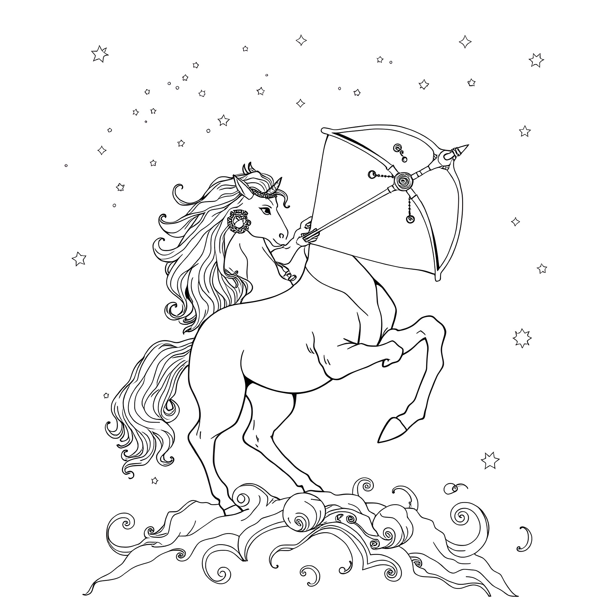 Sagittarius riding a majestic unicorn with bow and arrow Coloring Page (free black-and-white line drawing printable PDF for all, from beginners to advanced learners, including children, teens, adults, and seniors)