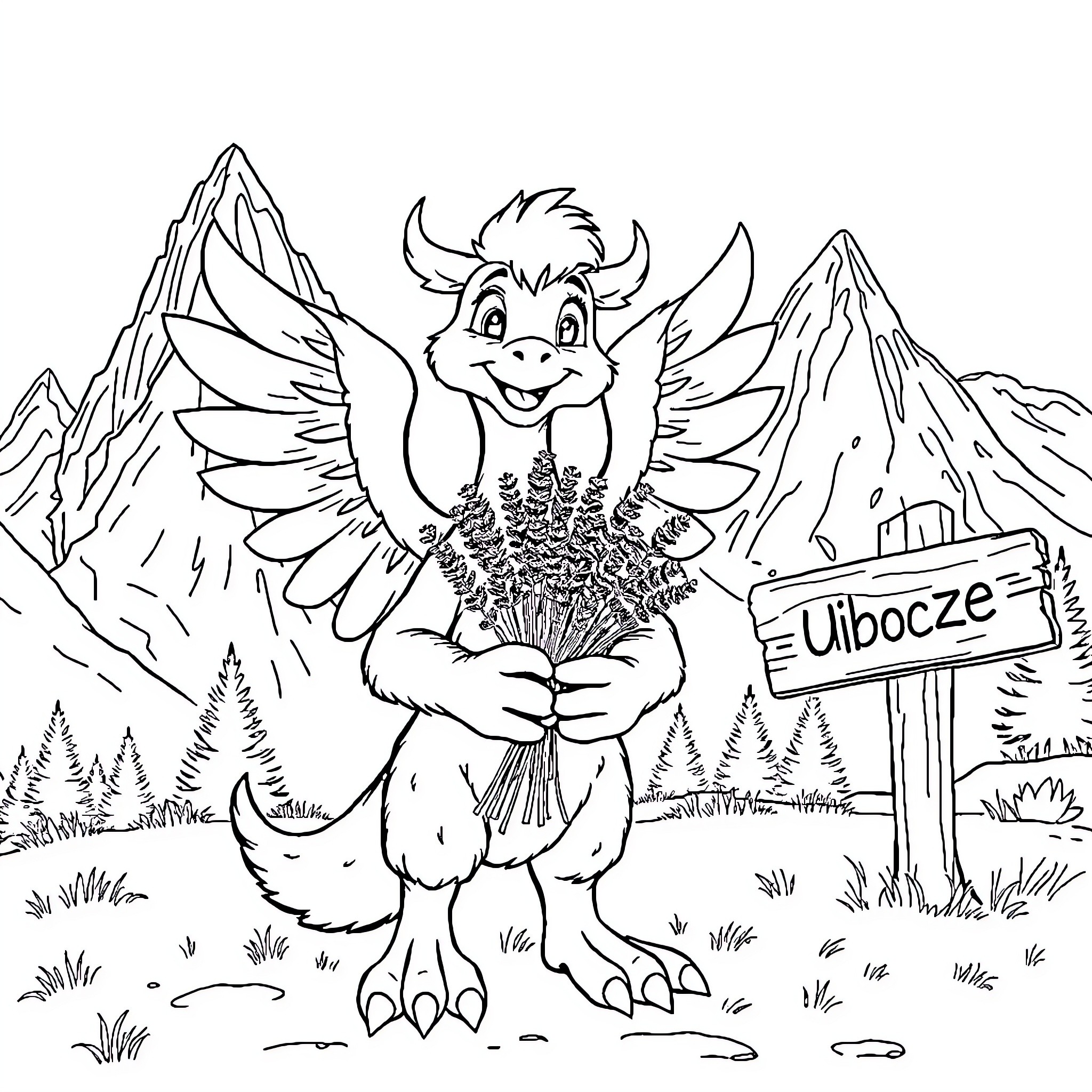 Griffin Holding Flowers in the Mountainous Landscape Coloring Page (free black-and-white line drawing printable PDF for all, from beginners to advanced learners, including children, teens, adults, and seniors)