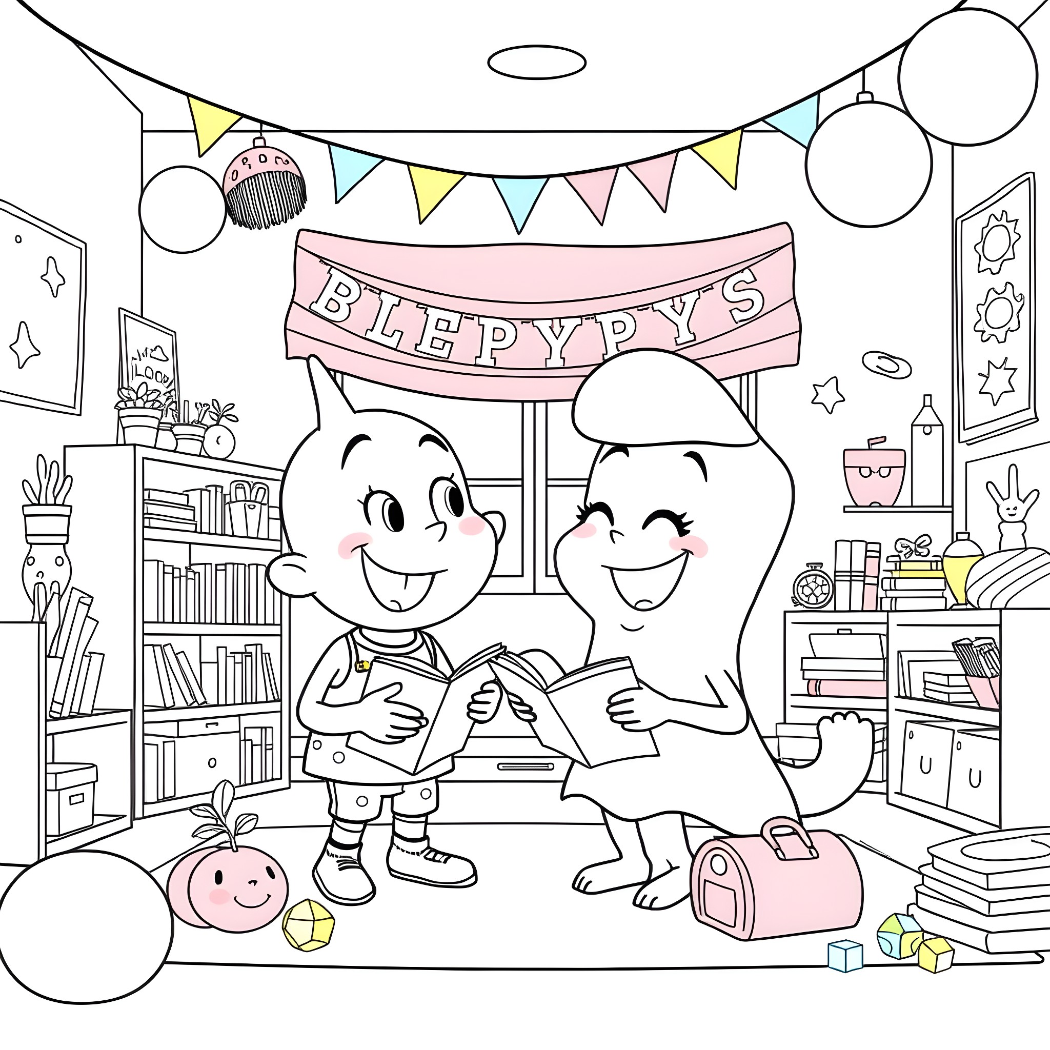 Blippi's Playful Celebration with Friends Coloring Page (free black-and-white line drawing printable PDF for all, from beginners to advanced learners, including children, teens, adults, and seniors)