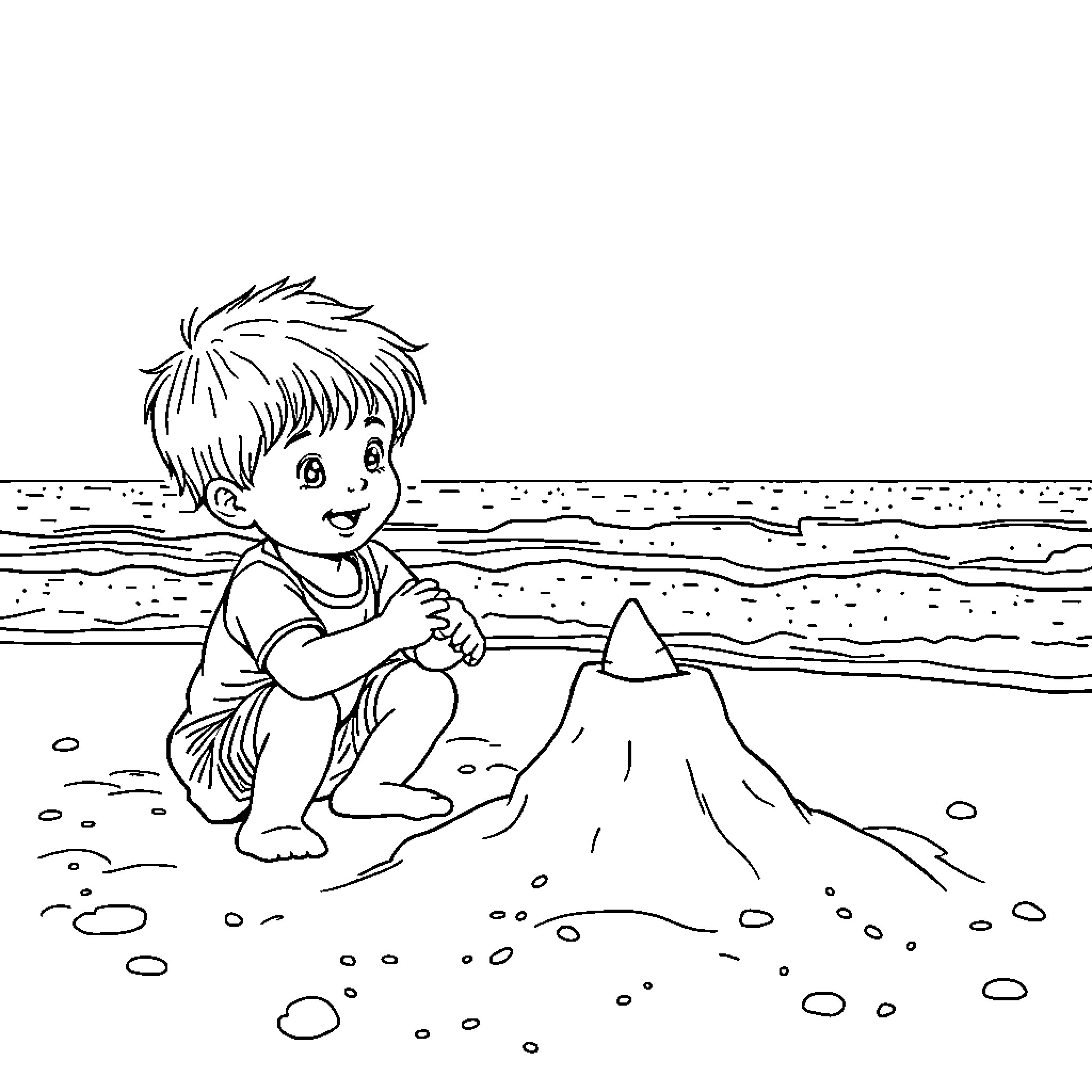 Kid building sandcastle on beach Coloring Page (free black-and-white line drawing printable PDF for all, from beginners to advanced learners, including children, teens, adults, and seniors)